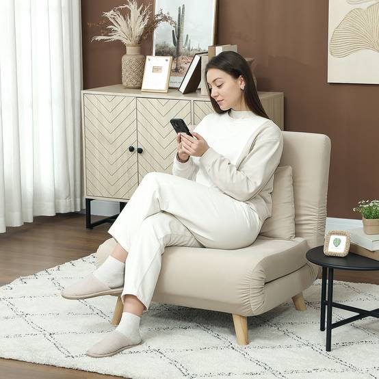 Fauteuil pliant convertible en lit, inclinable et pliable en velours, dossier réglable, charge maximale de 120 kg, beige - Image 3