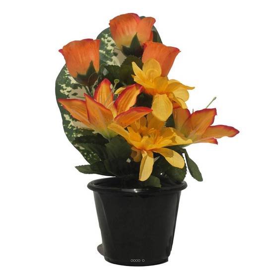 Pot pour la Tombe de Dahlias, Lys tigrés et Boutons de Rose artificiels Orange - couleur: Orange - Image 2