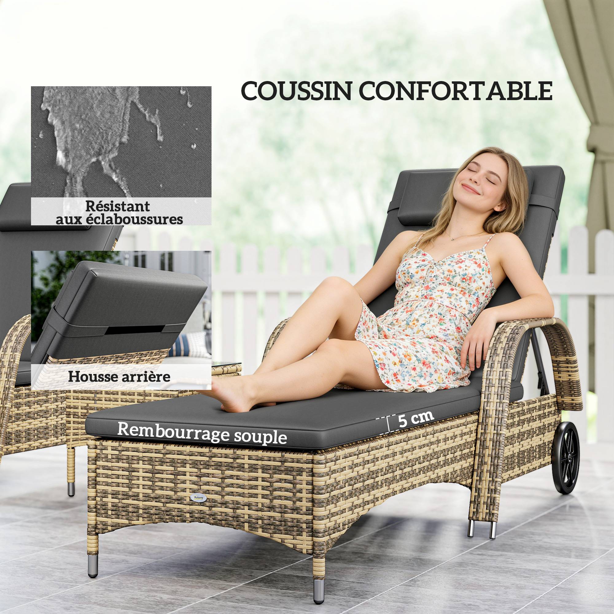 ComfortXL - Lot 2 transats jardin résine tressée inclinables table basse 200x73x103cm gris foncé - ComfortXL Outdoor Living - Image 9