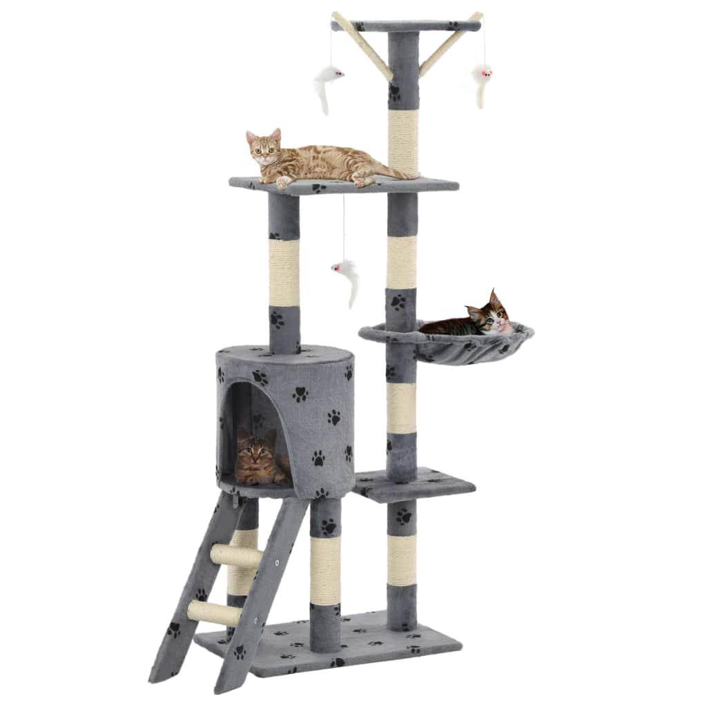 Helloshop26 - Arbre à chat griffoir grattoir niche jouet animaux peluché en sisal 138 cm gris motif de pattes - Image 1