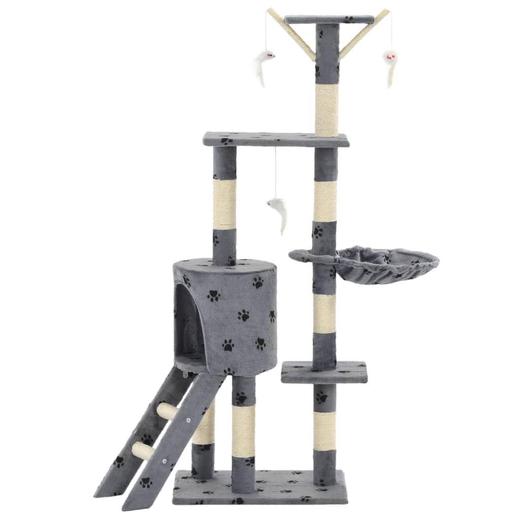Helloshop26 - Arbre à chat griffoir grattoir niche jouet animaux peluché en sisal 138 cm gris motif de pattes - Image 3
