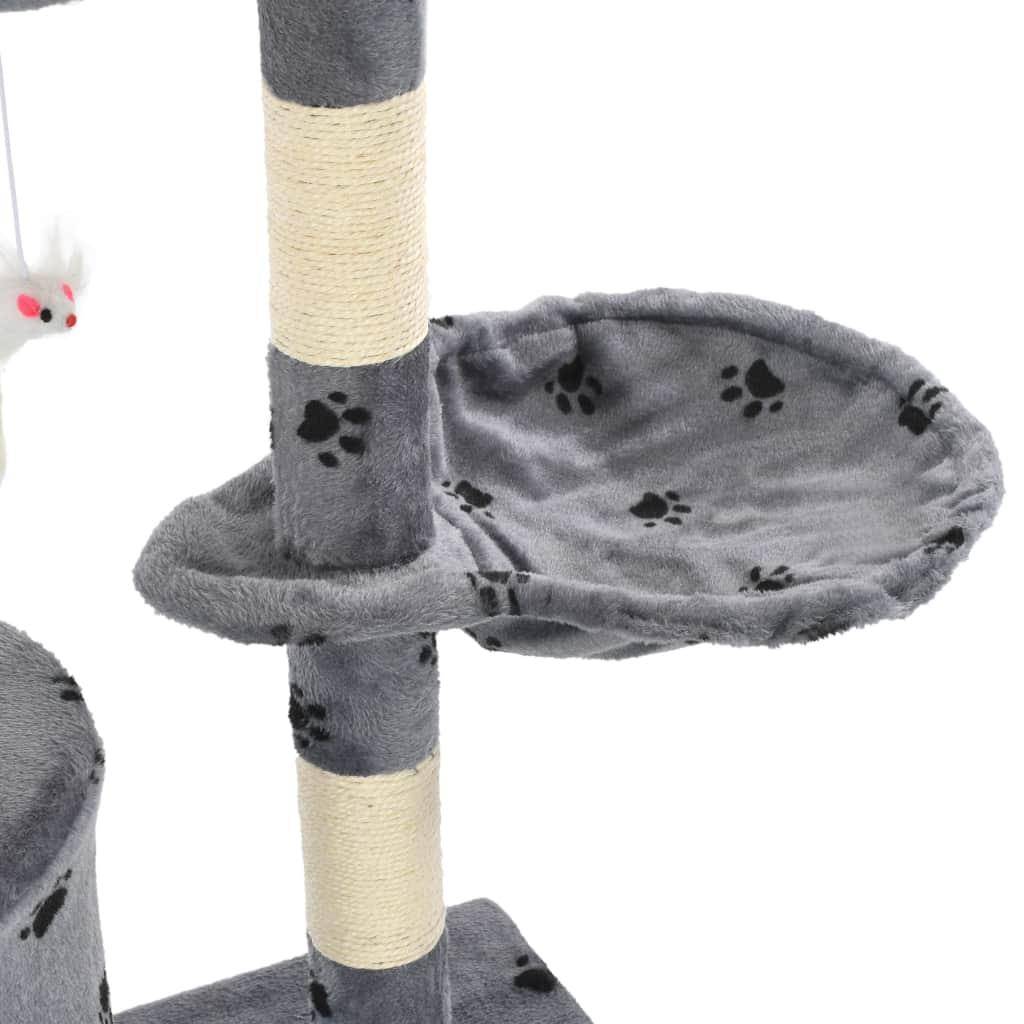 Helloshop26 - Arbre à chat griffoir grattoir niche jouet animaux peluché en sisal 138 cm gris motif de pattes - Image 7
