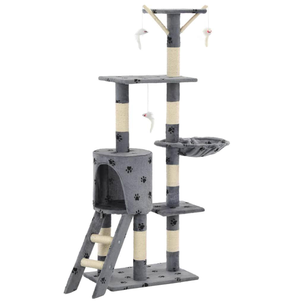 Helloshop26 - Arbre à chat griffoir grattoir niche jouet animaux peluché en sisal 138 cm gris motif de pattes - Image 2