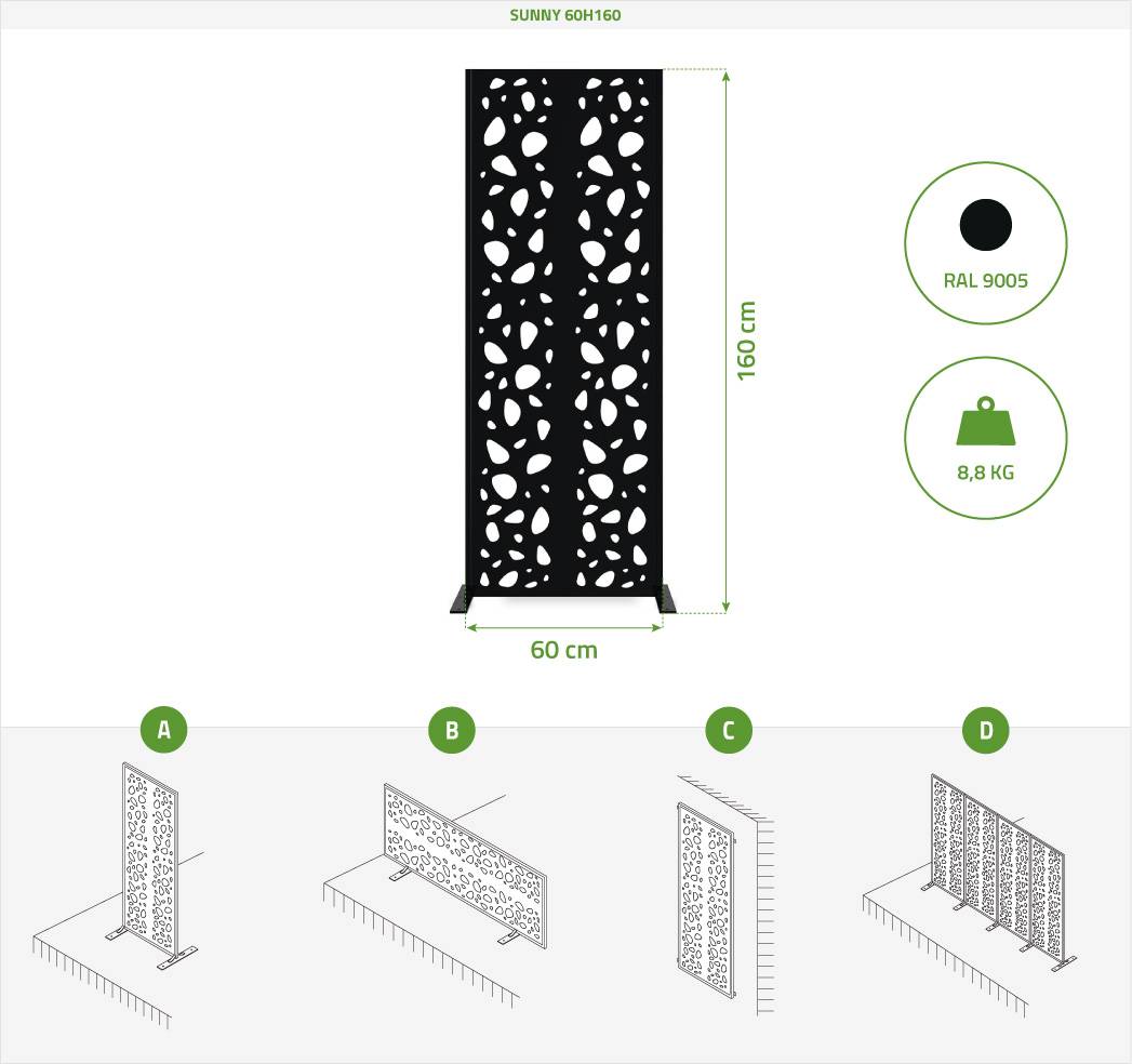 Casanoov Lot de 2 panneaux décoratifs SUNNY Noir H.160 cm motifs sur les côtés - Image 2