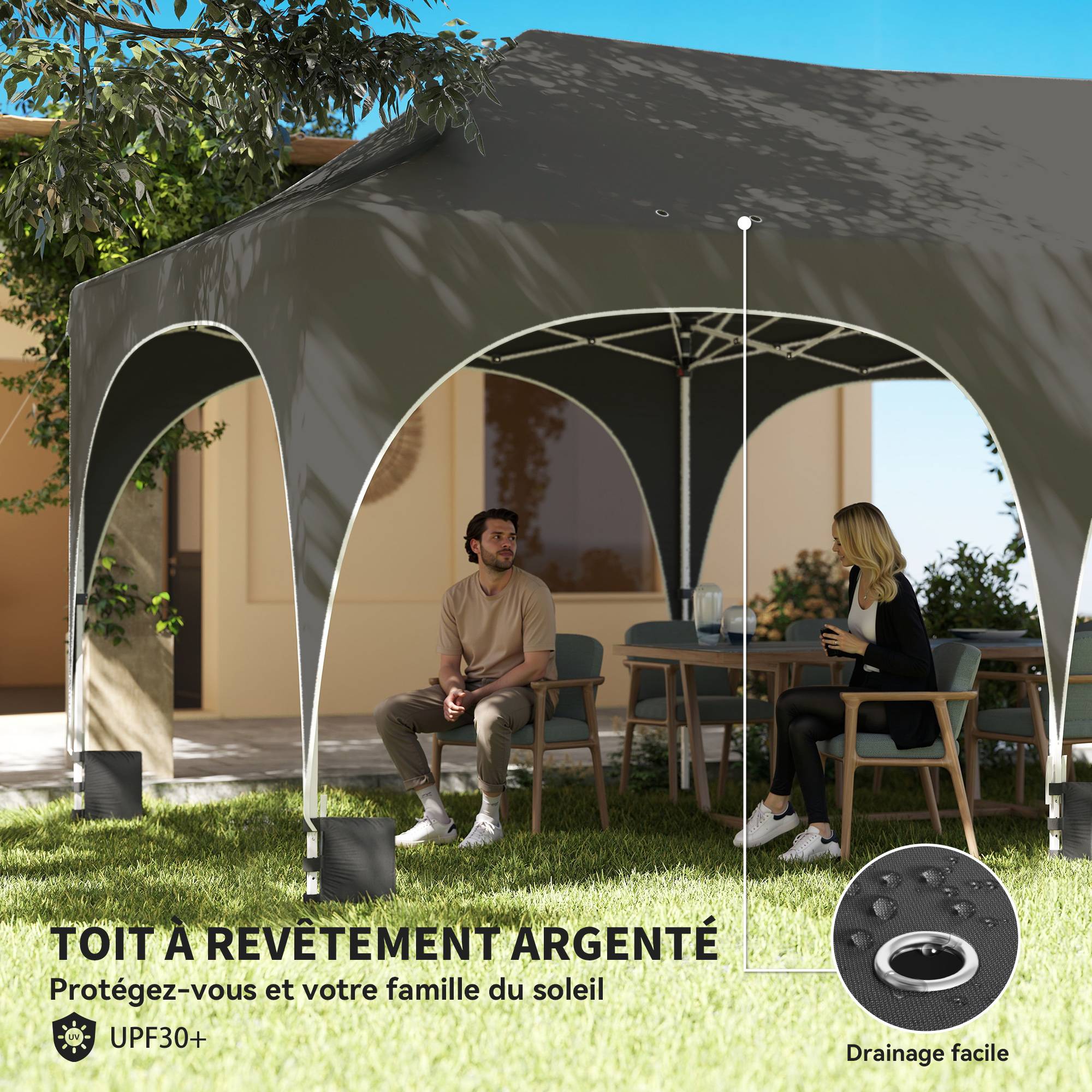 Tonnelle pliante barnum imperméable anti-UV 6 parois latérales 6 sacs de sable 12 trous de drainage 3x6m gris - Image 8
