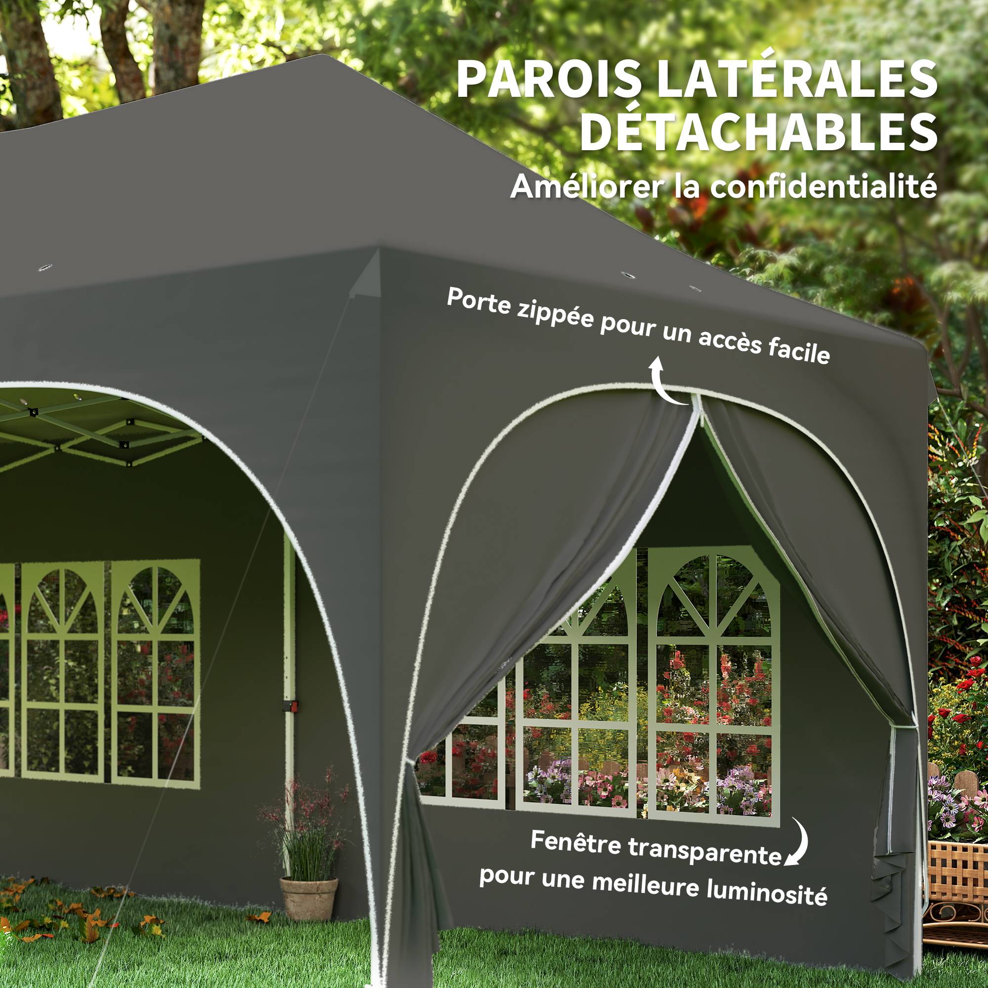 Tonnelle pliante barnum imperméable anti-UV 6 parois latérales 6 sacs de sable 12 trous de drainage 3x6m gris - Image 9