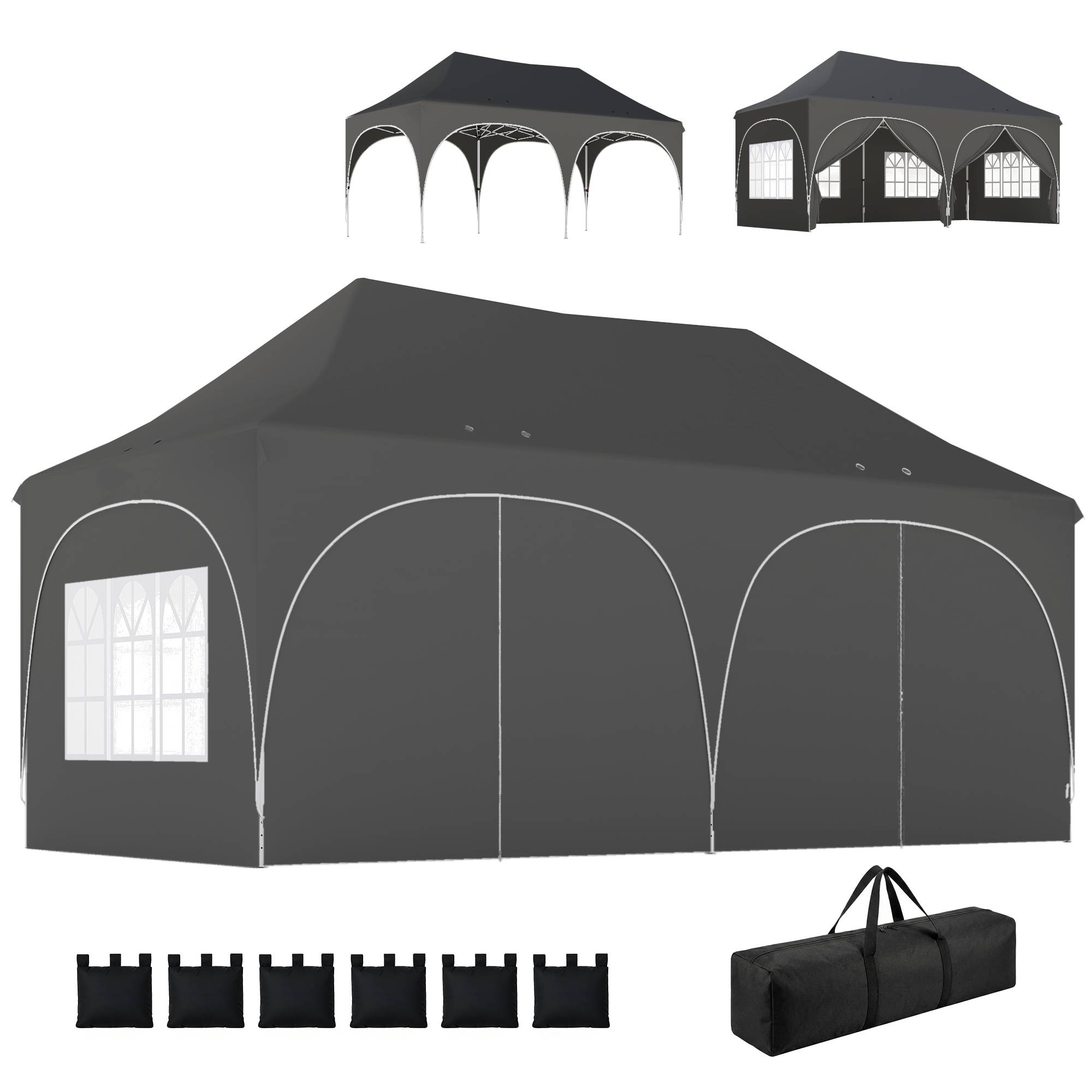 Tonnelle pliante barnum imperméable anti-UV 6 parois latérales 6 sacs de sable 12 trous de drainage 3x6m gris - Image 2