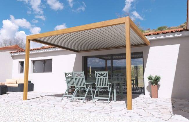 Pergola Bioclimatique Adossée Motorisée Éclairée Aluminium 4x3,5 Aspect Bois SV ORIAL France - Image 1