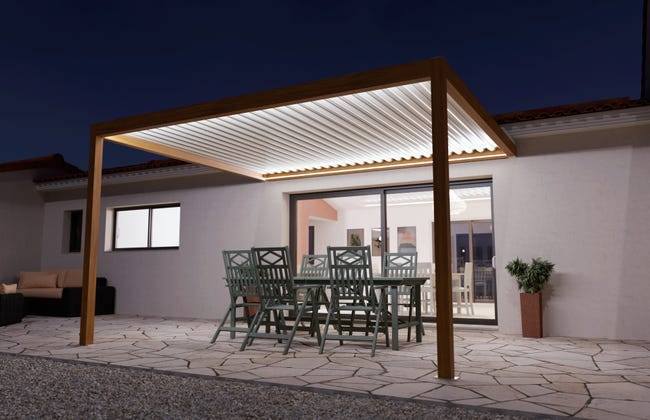 Pergola Bioclimatique Adossée Motorisée Éclairée Aluminium 4x3,5 Aspect Bois SV ORIAL France - Image 3