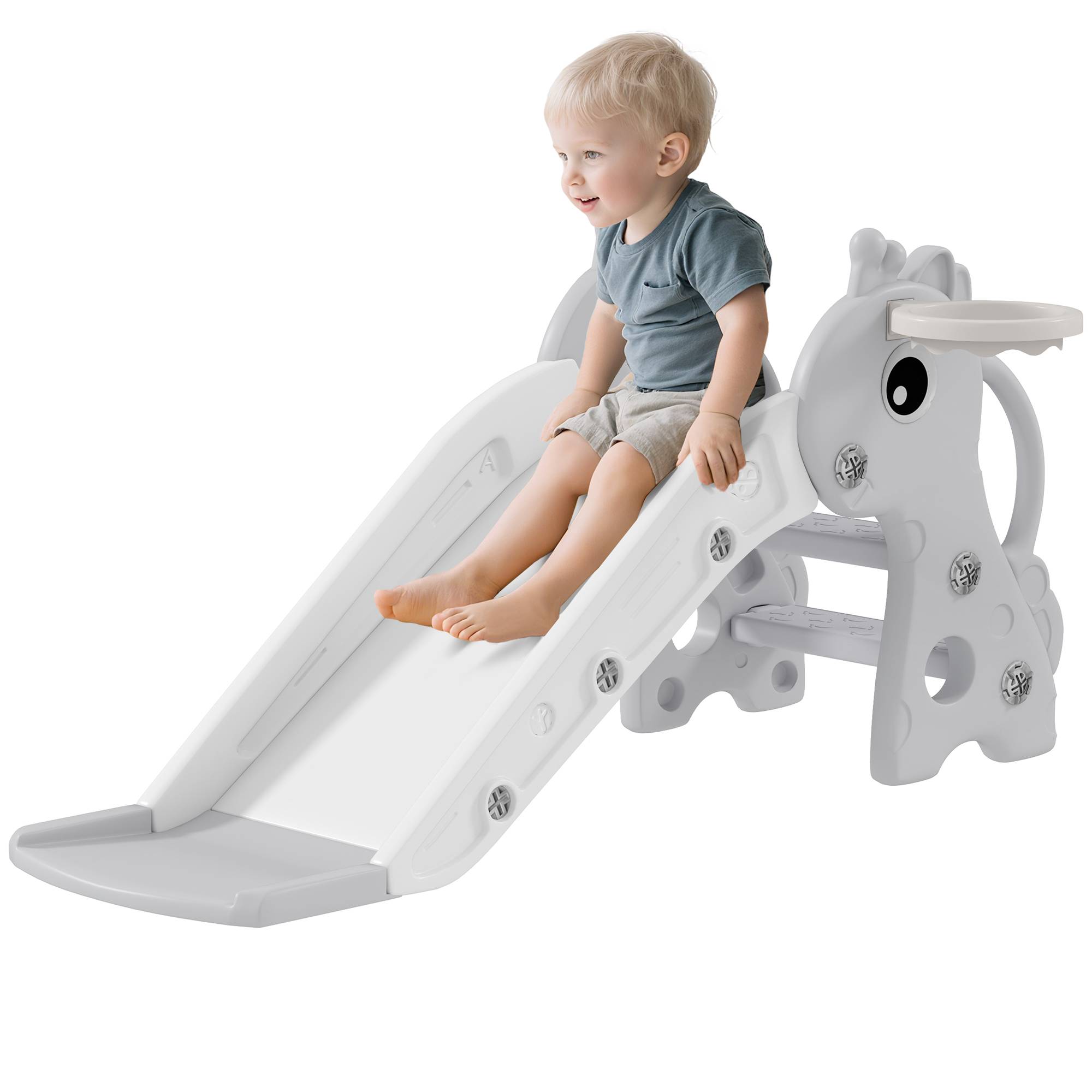 Toboggan pour enfants avec panier et échelle, motif girafe, pour les enfants de 1 à 3 ans, usage intérieur, 106 x 51,5 x 52 cm, gris - Image 1
