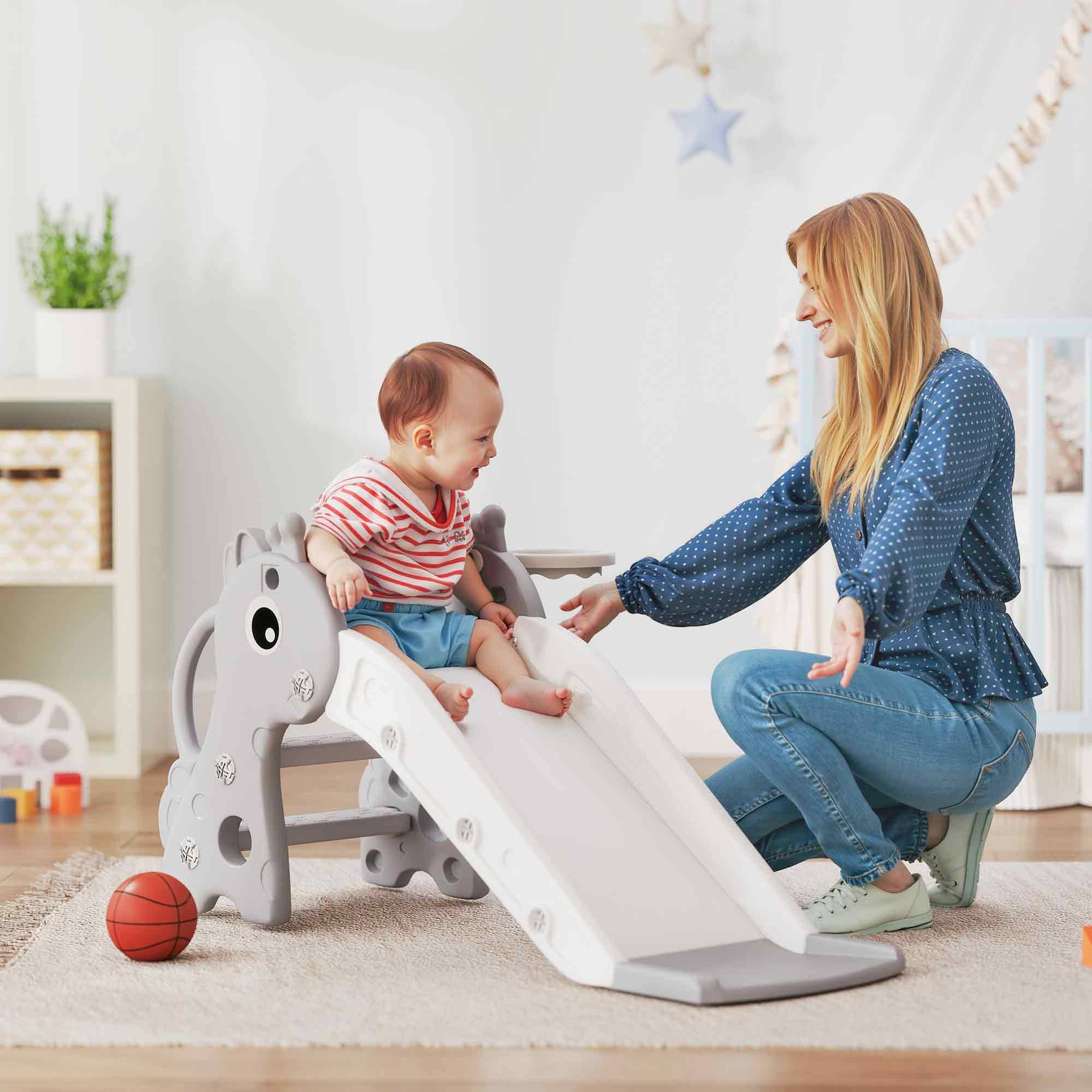 Toboggan pour enfants avec panier et échelle, motif girafe, pour les enfants de 1 à 3 ans, usage intérieur, 106 x 51,5 x 52 cm, gris - Image 3
