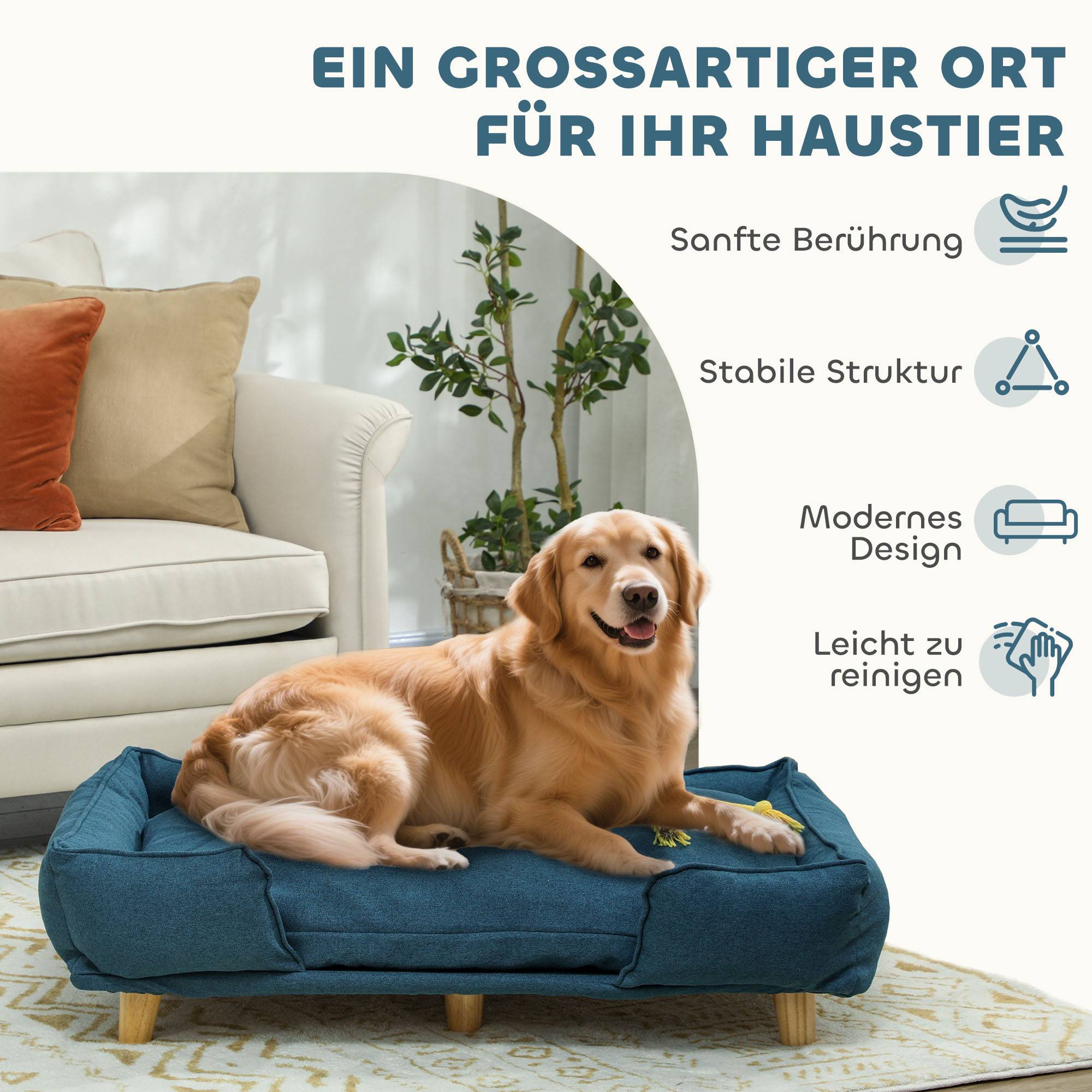 ComfortXL - Canapé pour chien en polyester et pin 96 x 66 x 24 cm naturel et bleu foncé pour grand chien jusqu’à 30 kg surélevé - Image 7
