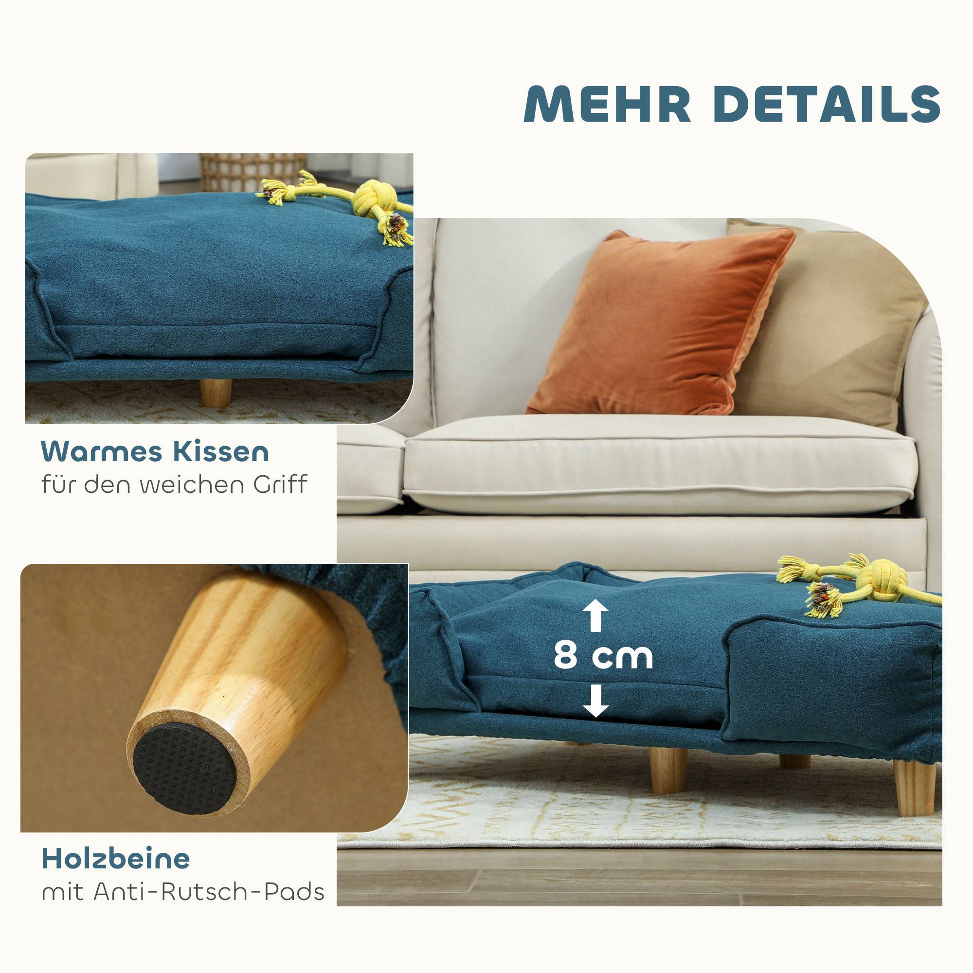 ComfortXL - Canapé pour chien en polyester et pin 96 x 66 x 24 cm naturel et bleu foncé pour grand chien jusqu’à 30 kg surélevé - Image 6
