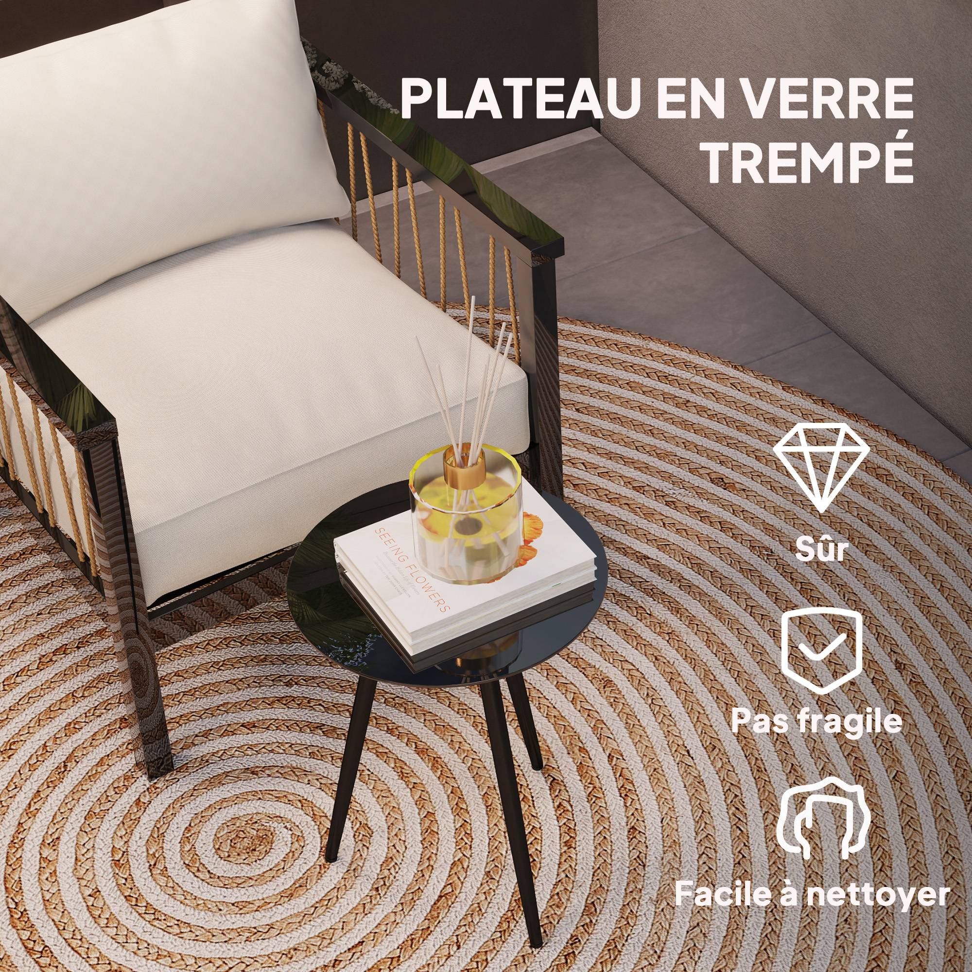 Petite table basse ronde, table d'appoint, plateau en verre trempé, pieds effilés, cadre en acier, Ø 40 x 50 cm, noir - Image 7