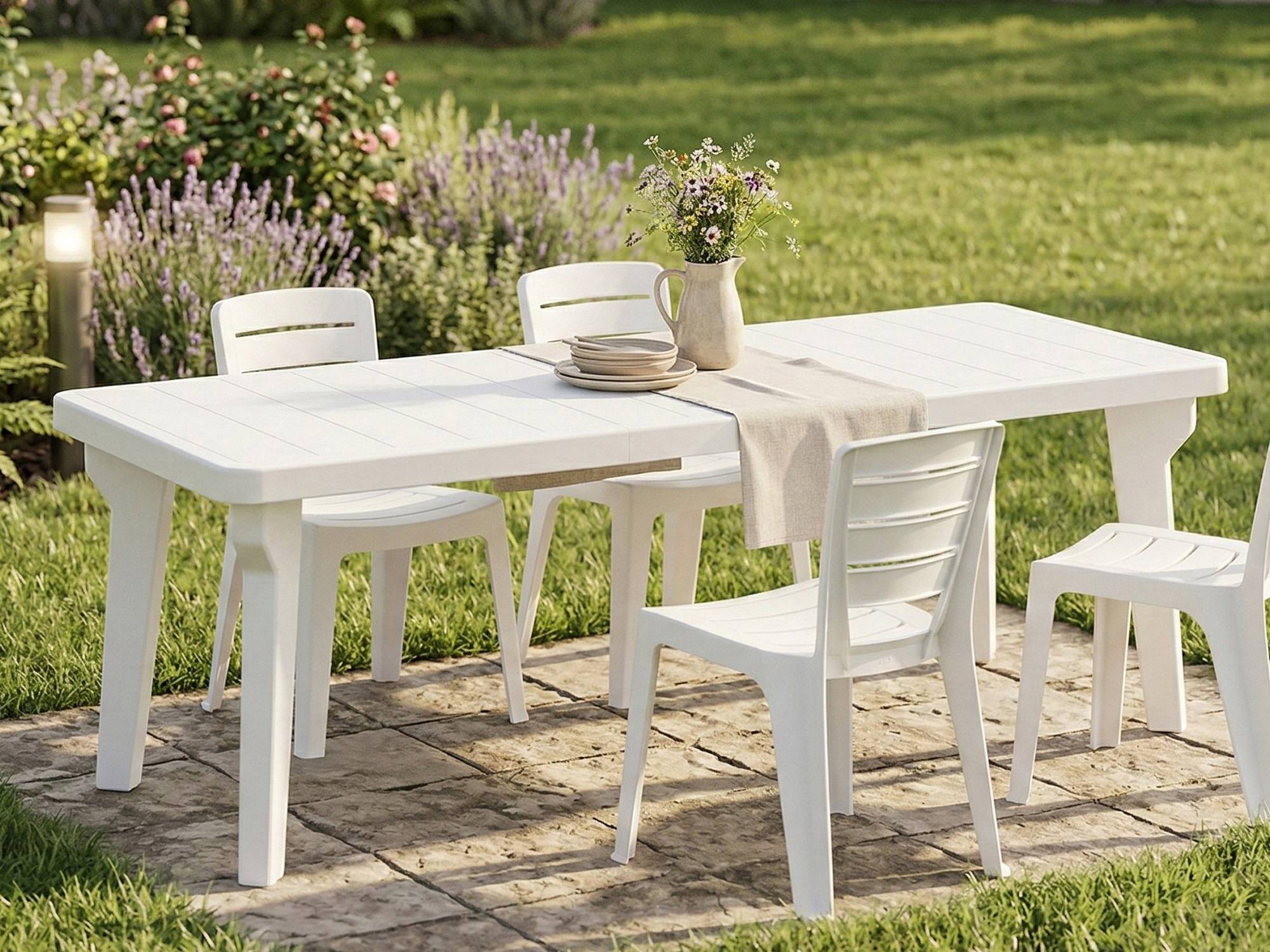 Dmora - Table d'extérieur Dhristo, Etagère rectangulaire, Table de jardin ou de bar extensible, 100% Made in Italy, 160-220x90h74 cm, Blanc - Dmora - Image 6