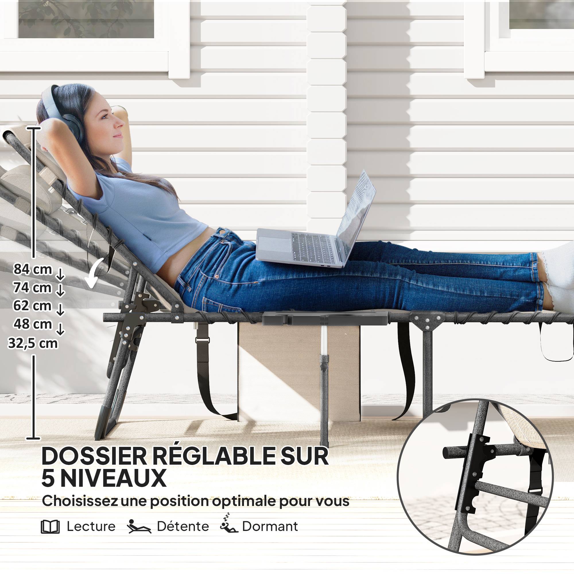 Bain de soleil pliante dossier réglable sur 5 niveaux, plateau - 190x60x31cm Oxford Crème fr31 - Image 6