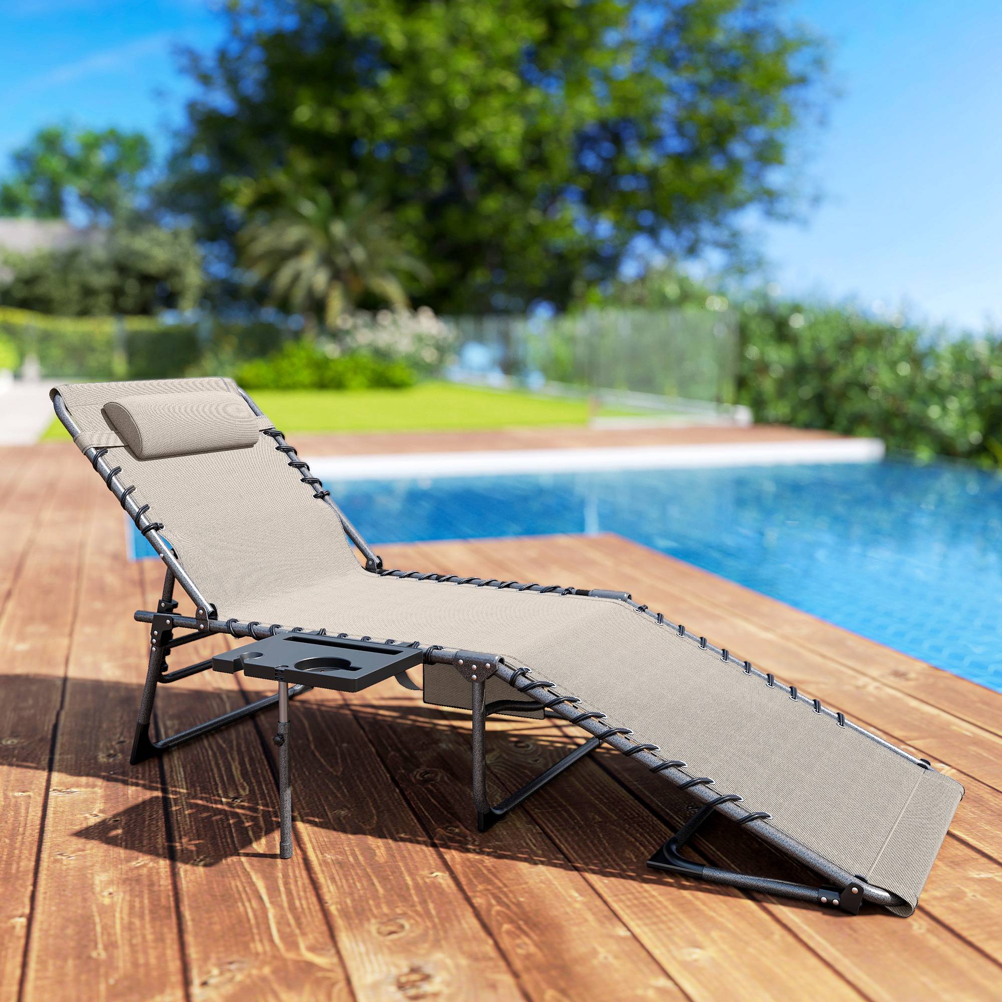 Bain de soleil pliante dossier réglable sur 5 niveaux, plateau - 190x60x31cm Oxford Crème fr31 - Image 4