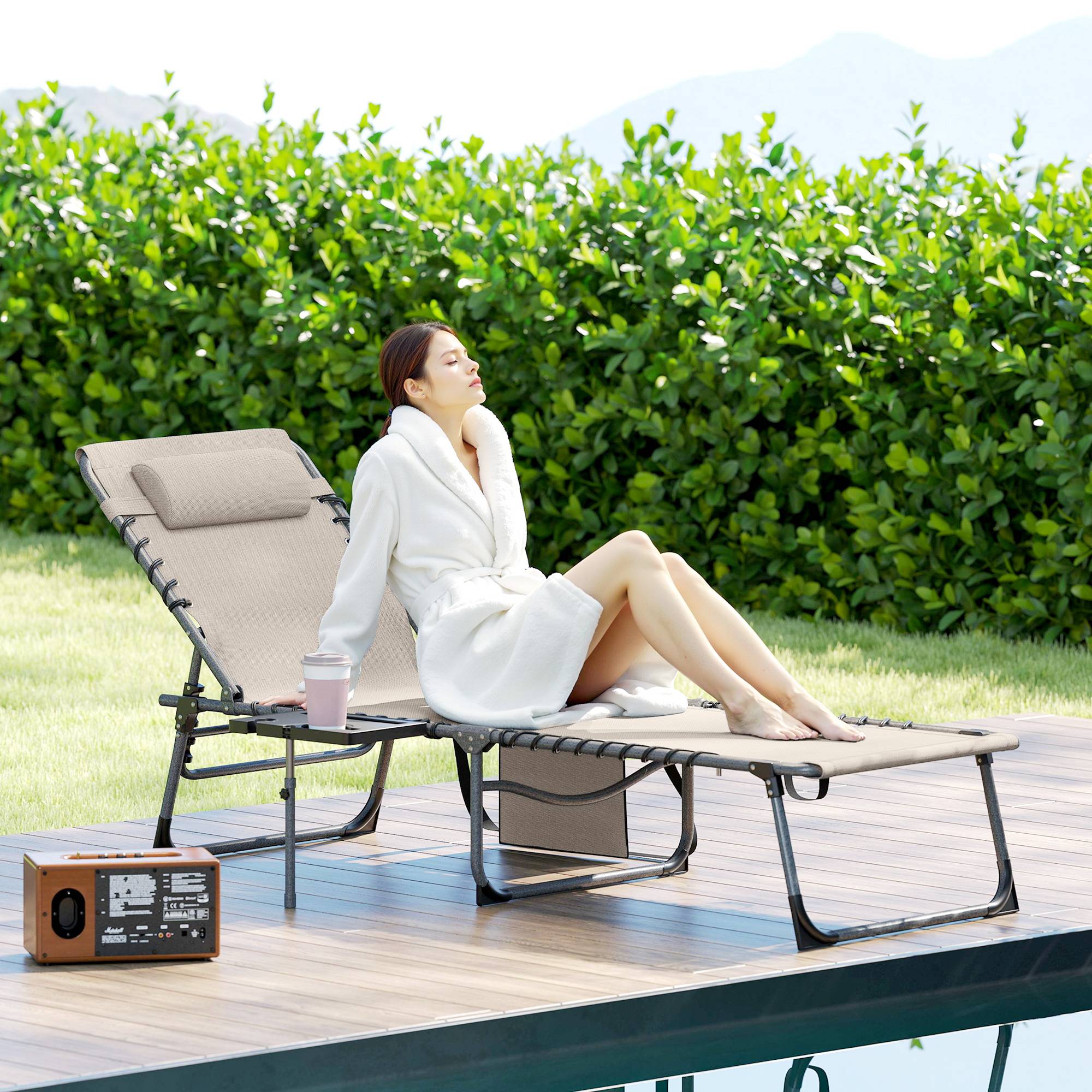 Bain de soleil pliante dossier réglable sur 5 niveaux, plateau - 190x60x31cm Oxford Crème fr31 - Image 3