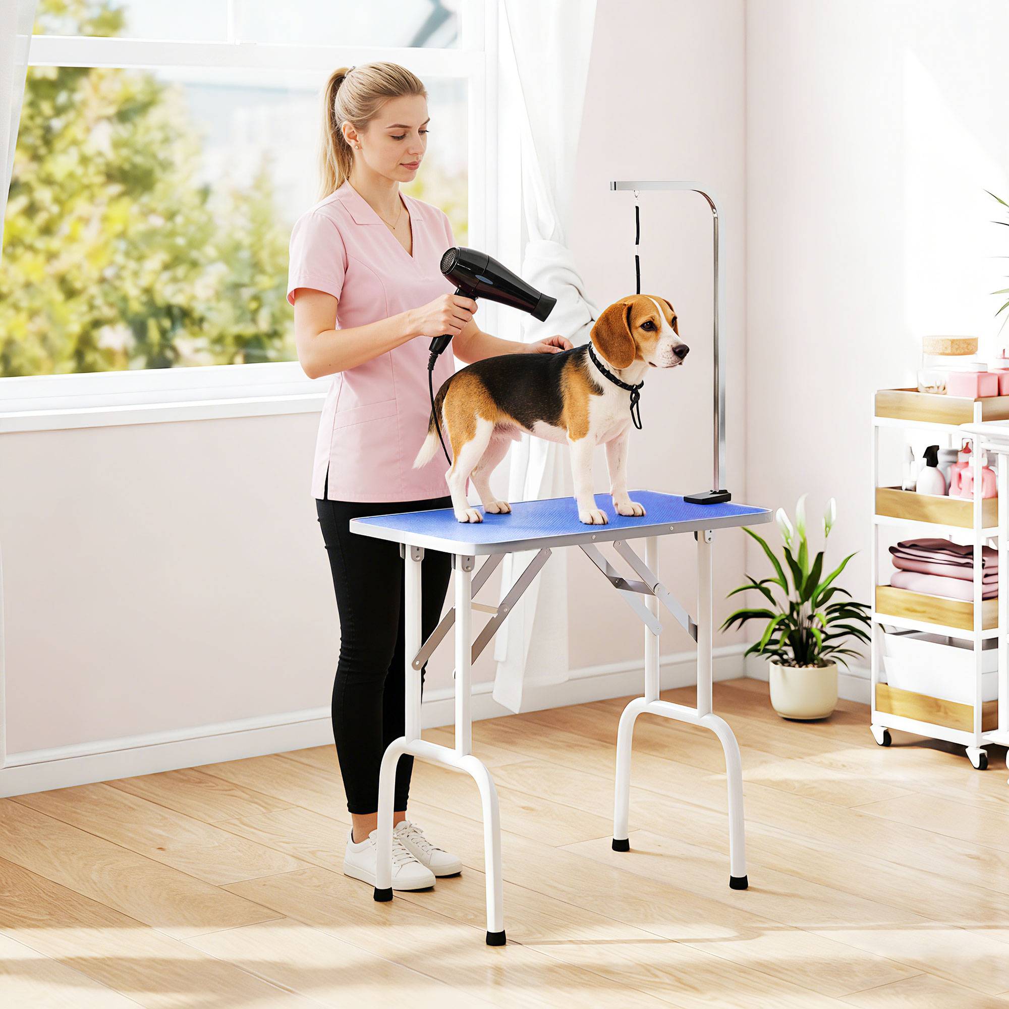 Sans Marque - Table de toilettage pour chien, pliable, réglable en hauteur avec bras réglable, sangle, tapis en caoutchouc, bleue - Image 4