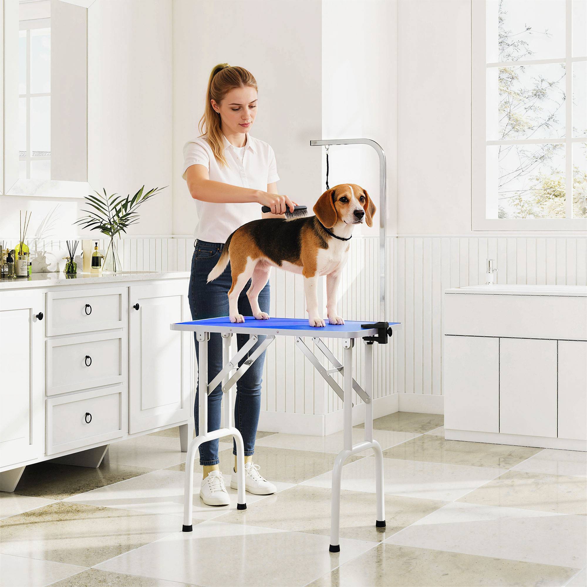 Sans Marque - Table de toilettage pour chien, pliable, réglable en hauteur avec bras réglable, sangle, tapis en caoutchouc, bleue - Image 3