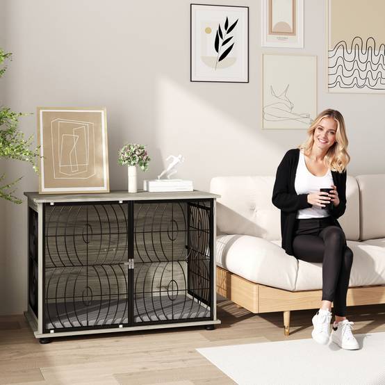 Cage pour chien intérieure, avec coussin, métal, gris, 100 x 60 x 73.5 cm - PANGIVO - Image 8