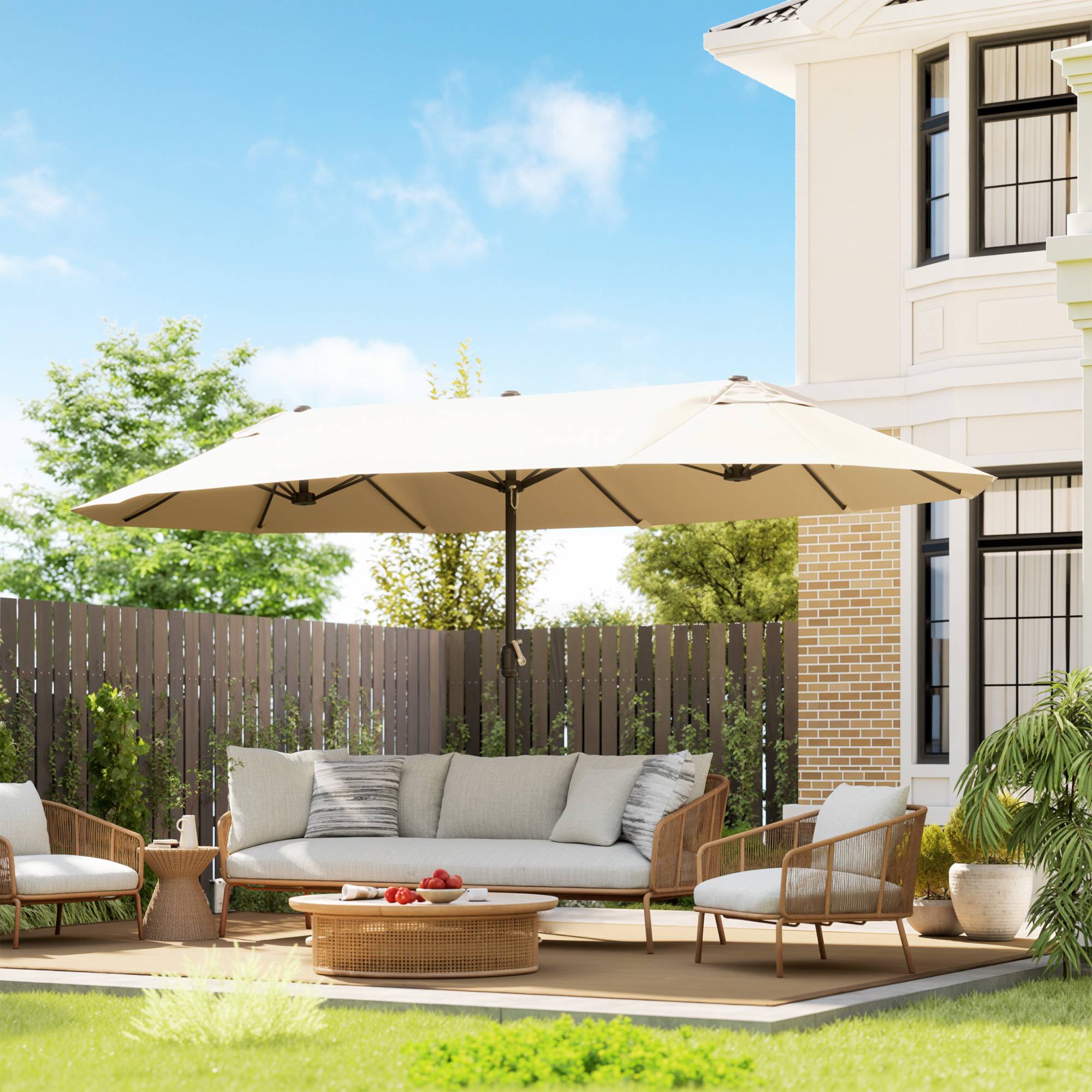 Parasol Double de Jardin 4,6 x 2,7 m, 12 Baleines, Aération et Manivelle, Acier et Polyester Anti-UV, Beige - Image 3