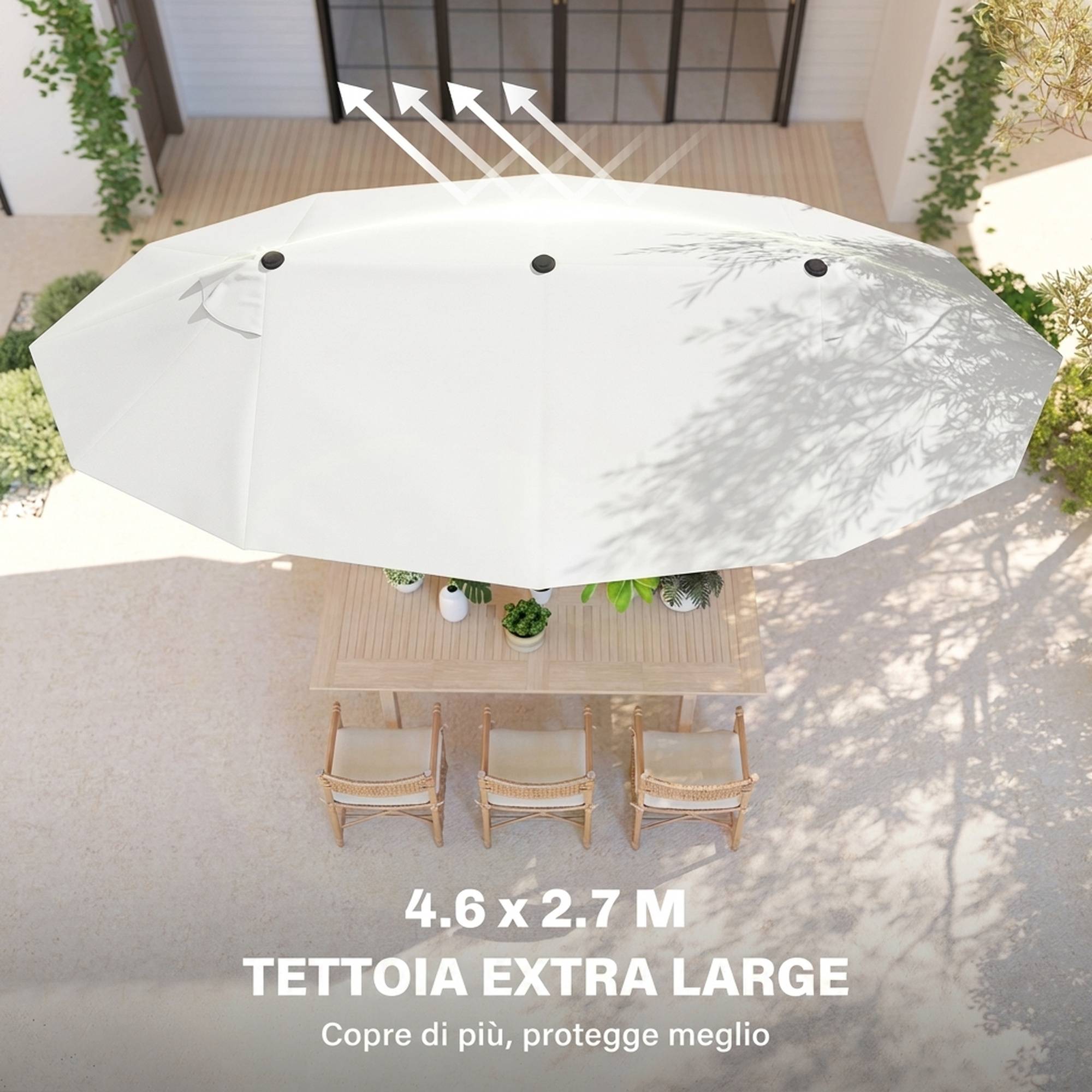 Parasol Double de Jardin 4,6 x 2,7 m, 12 Baleines, Aération et Manivelle, Acier et Polyester Anti-UV, Beige - Image 6