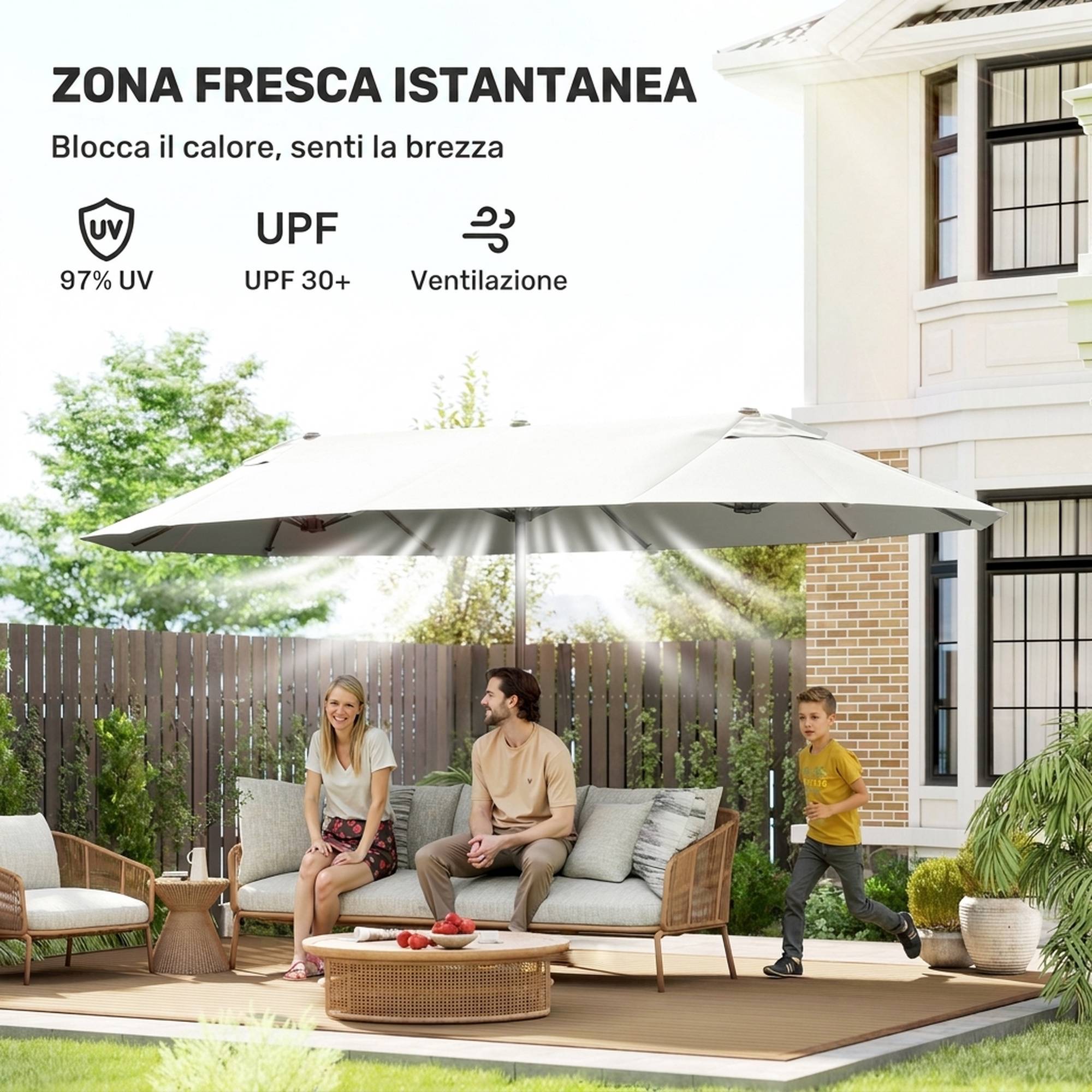 Parasol Double de Jardin 4,6 x 2,7 m, 12 Baleines, Aération et Manivelle, Acier et Polyester Anti-UV, Beige - Image 7