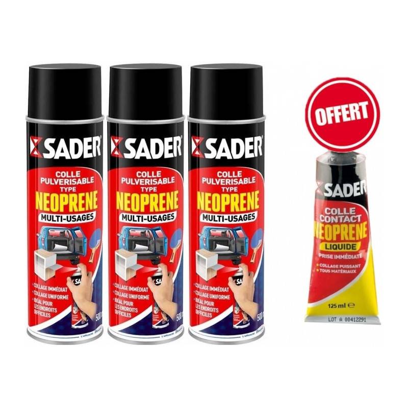 Sader - 3 Colles néoprène en aérosol multi usages 500 ml SADER + OFFERT 1 tuble 125ml néoprène liquide SADER
