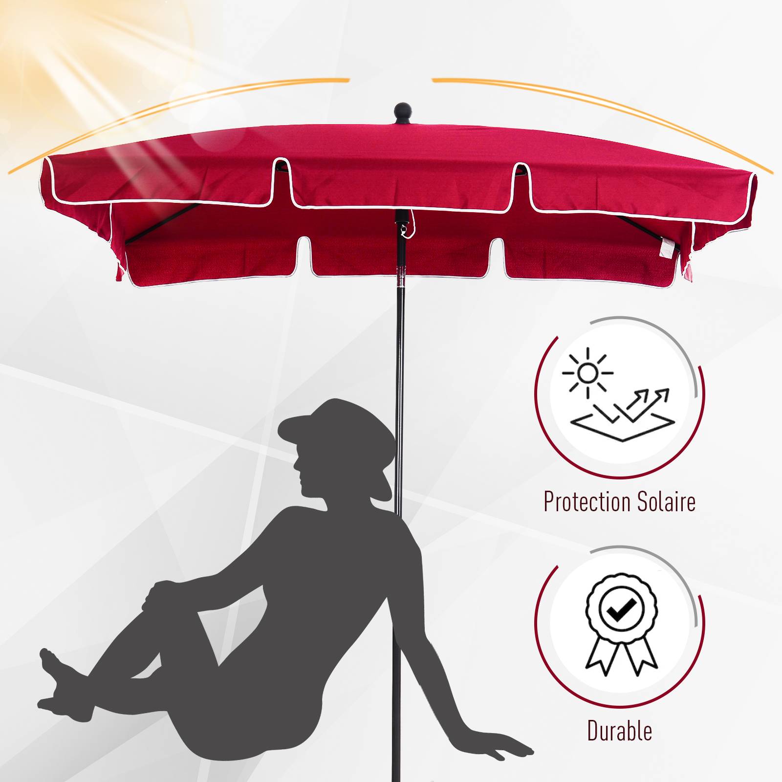 Parasol rectangulaire inclinable Aluminium Balcon terrasse Ombrage 2x1,3m Rouge - ComfortXL Outdoor Living - Image 5