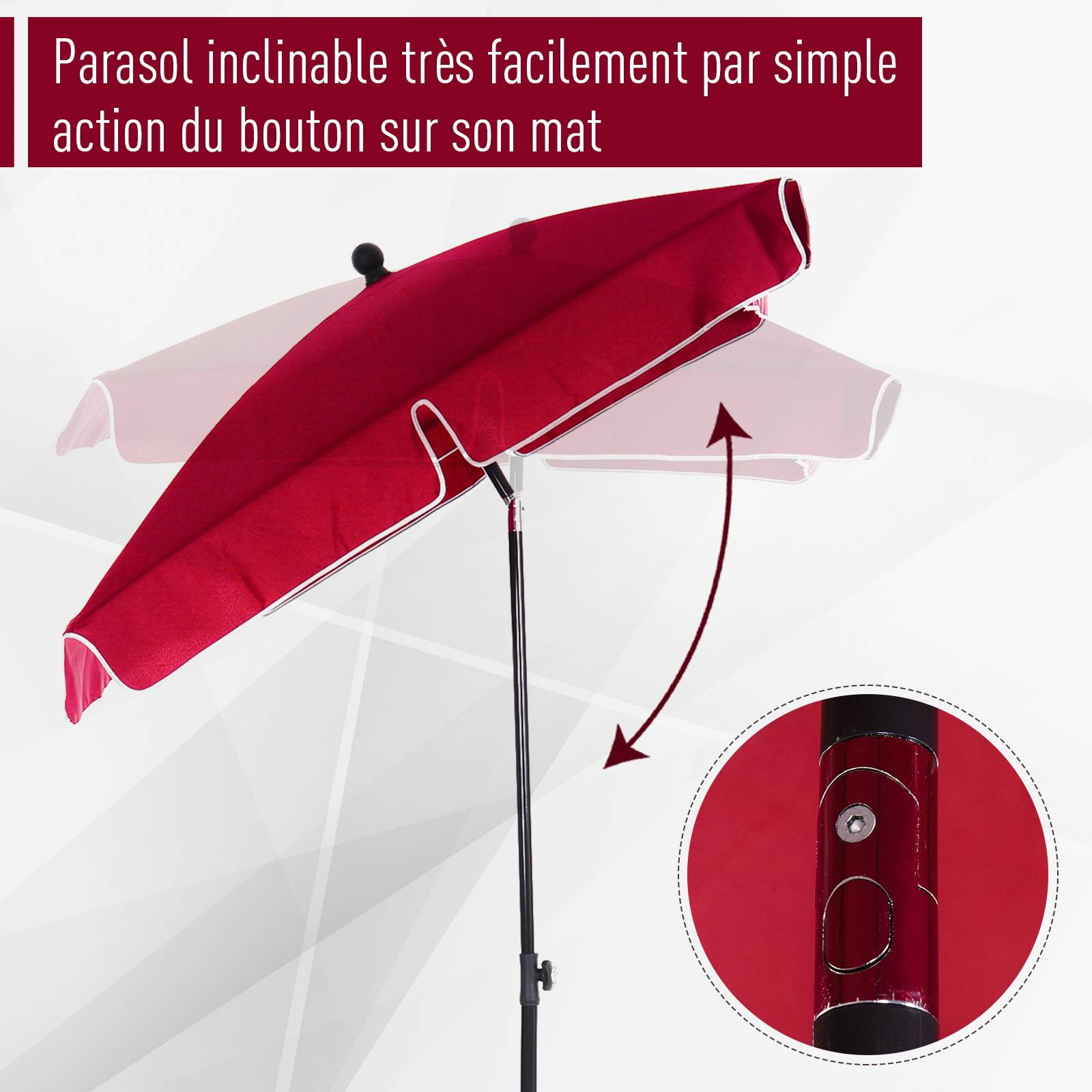 Parasol rectangulaire inclinable Aluminium Balcon terrasse Ombrage 2x1,3m Rouge - ComfortXL Outdoor Living - Image 6