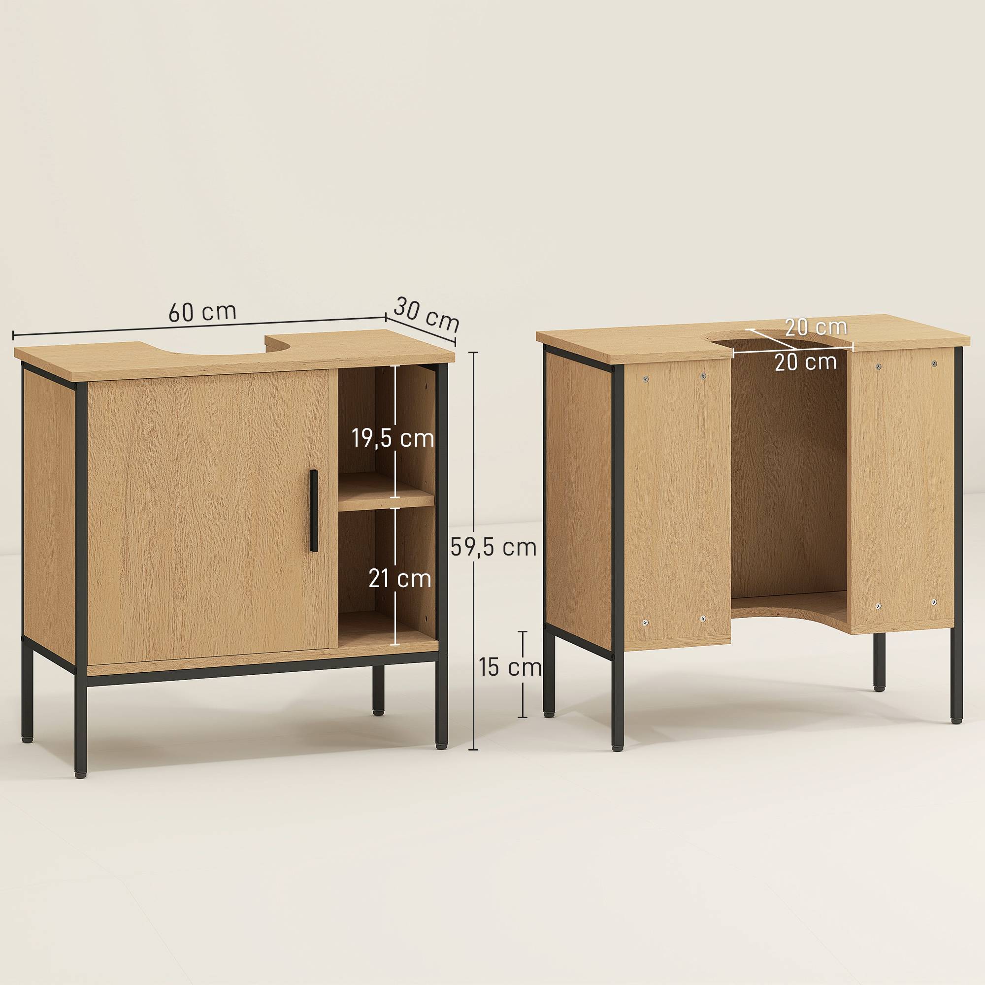 Sans Marque - Meuble sous-évier porte étagère réglable lavabo sur pied 60x30x59,5 cm Chêne - Image 5