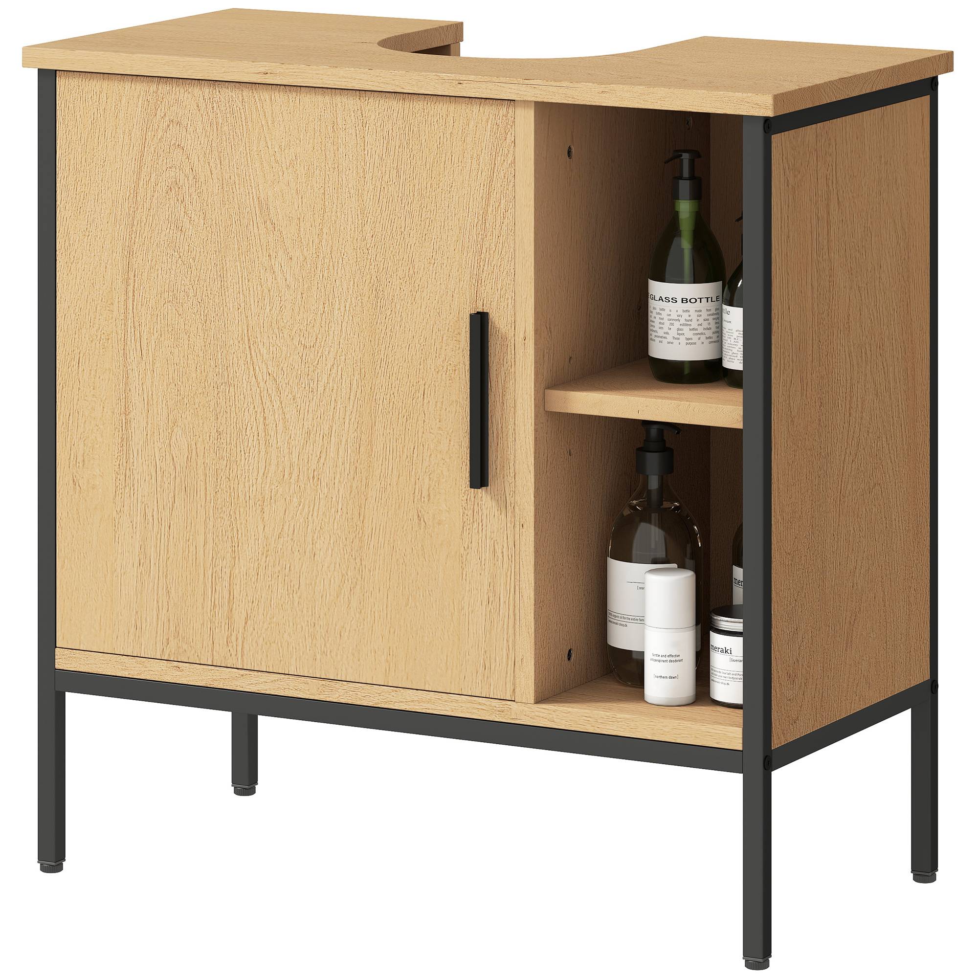 Sans Marque - Meuble sous-évier porte étagère réglable lavabo sur pied 60x30x59,5 cm Chêne - Image 2