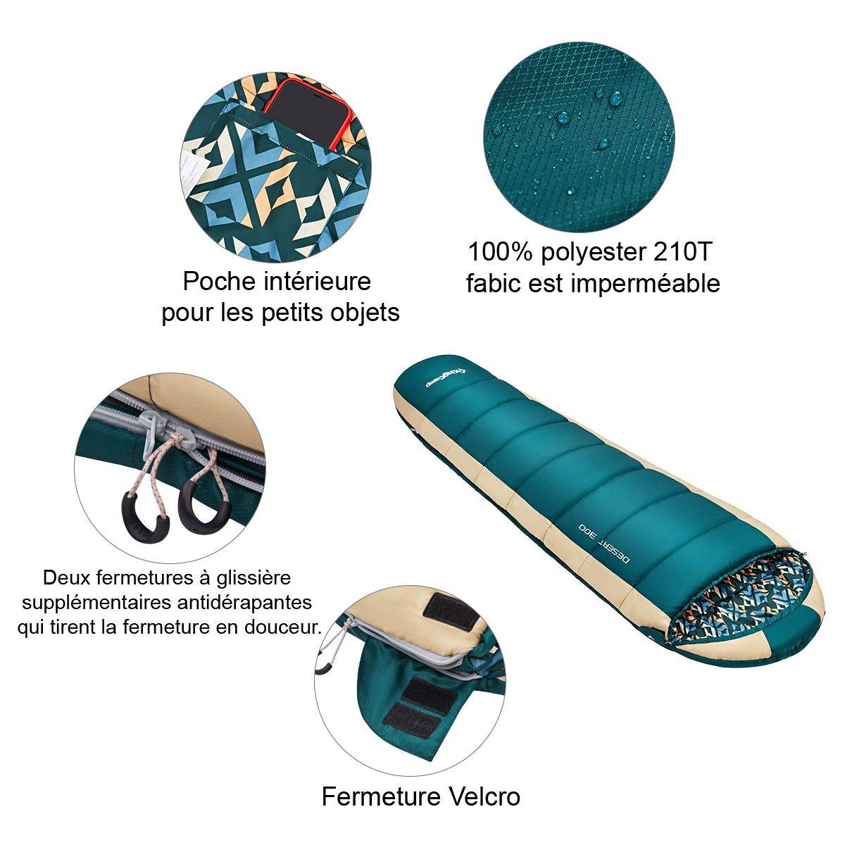 Sac de couchage forme momie Desert - Vert - 215 x 55 cm - Kingcamp - Image 3