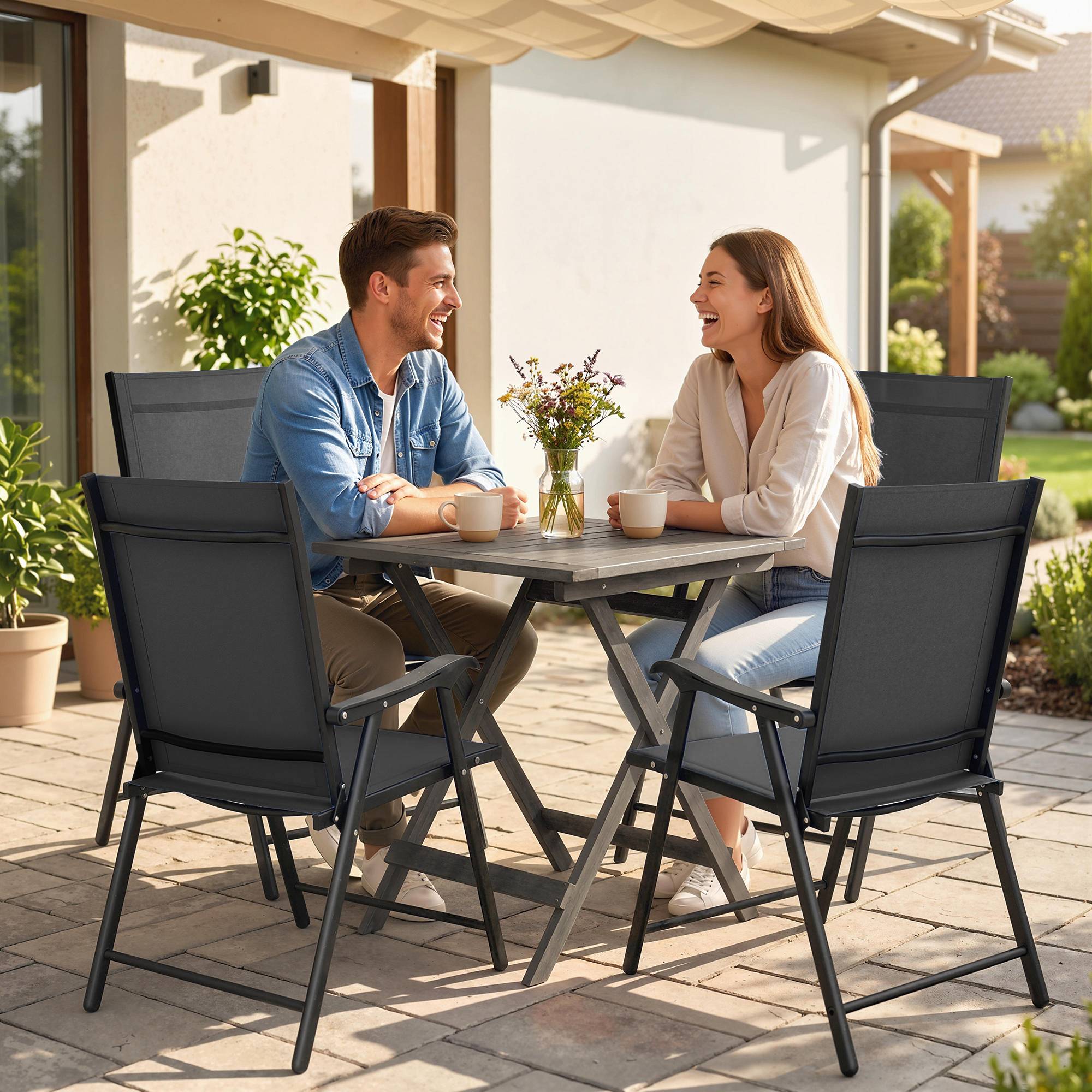 Lot de 4 Chaises de Jardin Pliantes Structure Acier Robuste sans Montage Dossier Haut Ergonomique 58x62x97cm Noir - Image 3