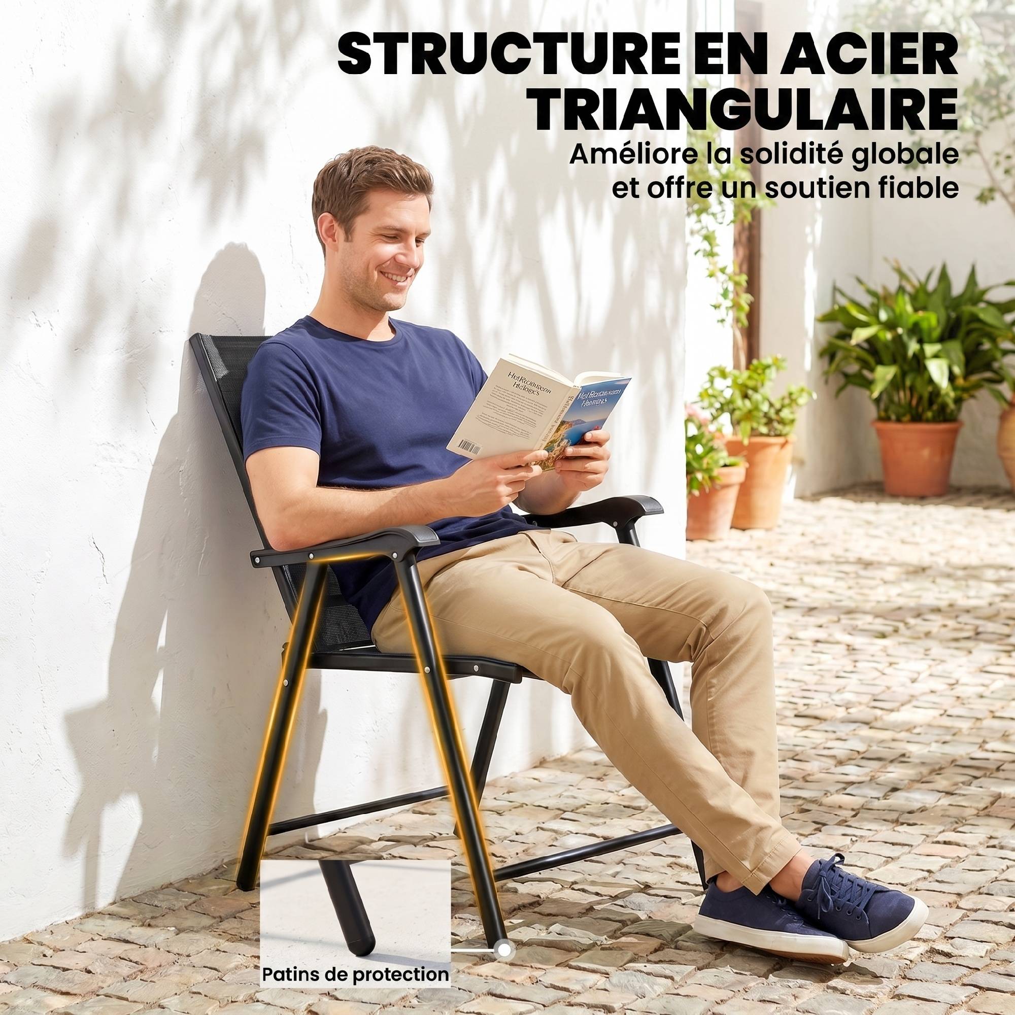 Lot de 4 Chaises de Jardin Pliantes Structure Acier Robuste sans Montage Dossier Haut Ergonomique 58x62x97cm Noir - Image 9