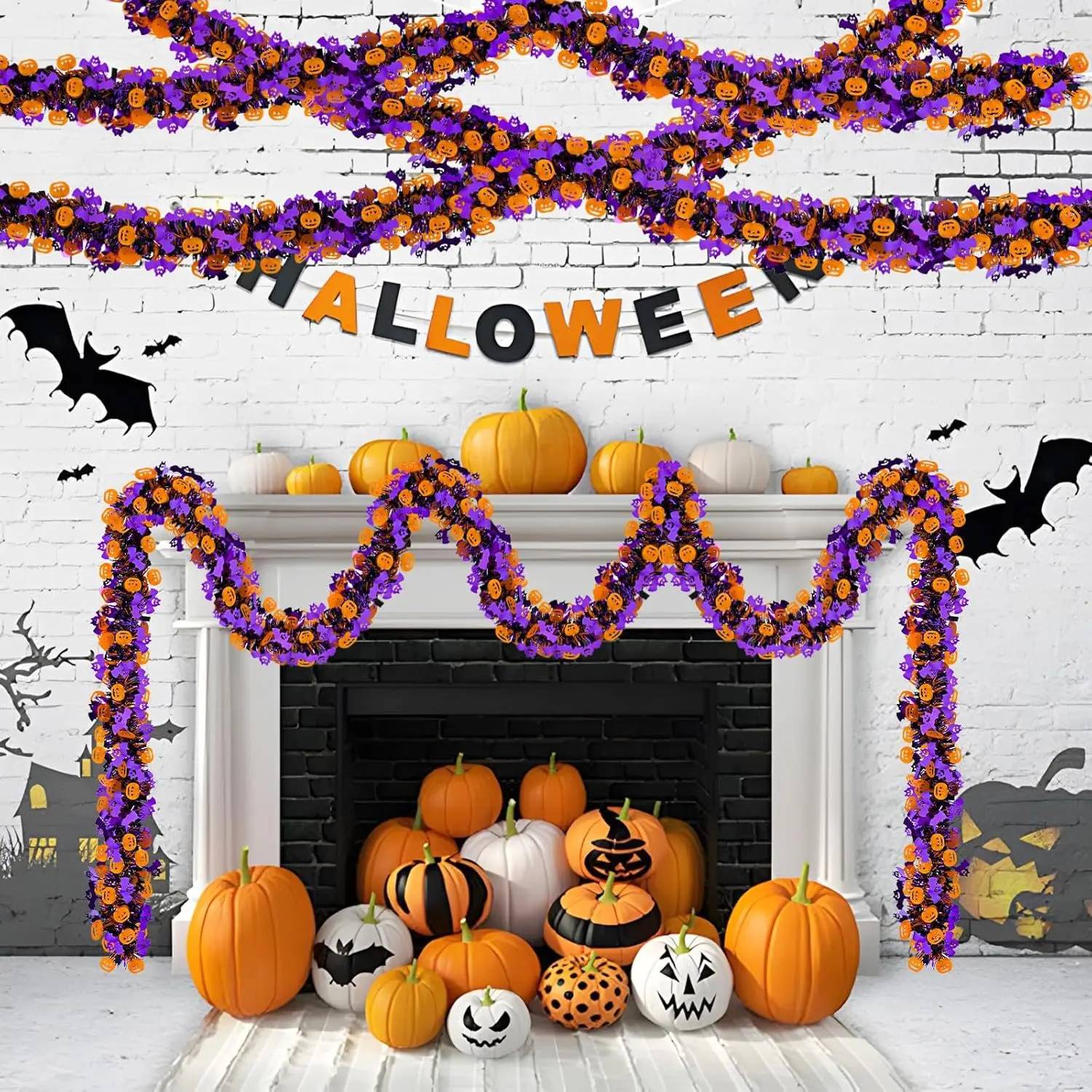 8 bandes décoratives colorées pour Halloween, chauves-souris + citrouilles, guirlande de guirlandes, adaptées au sapin de Noël, à la fête - Image 2
