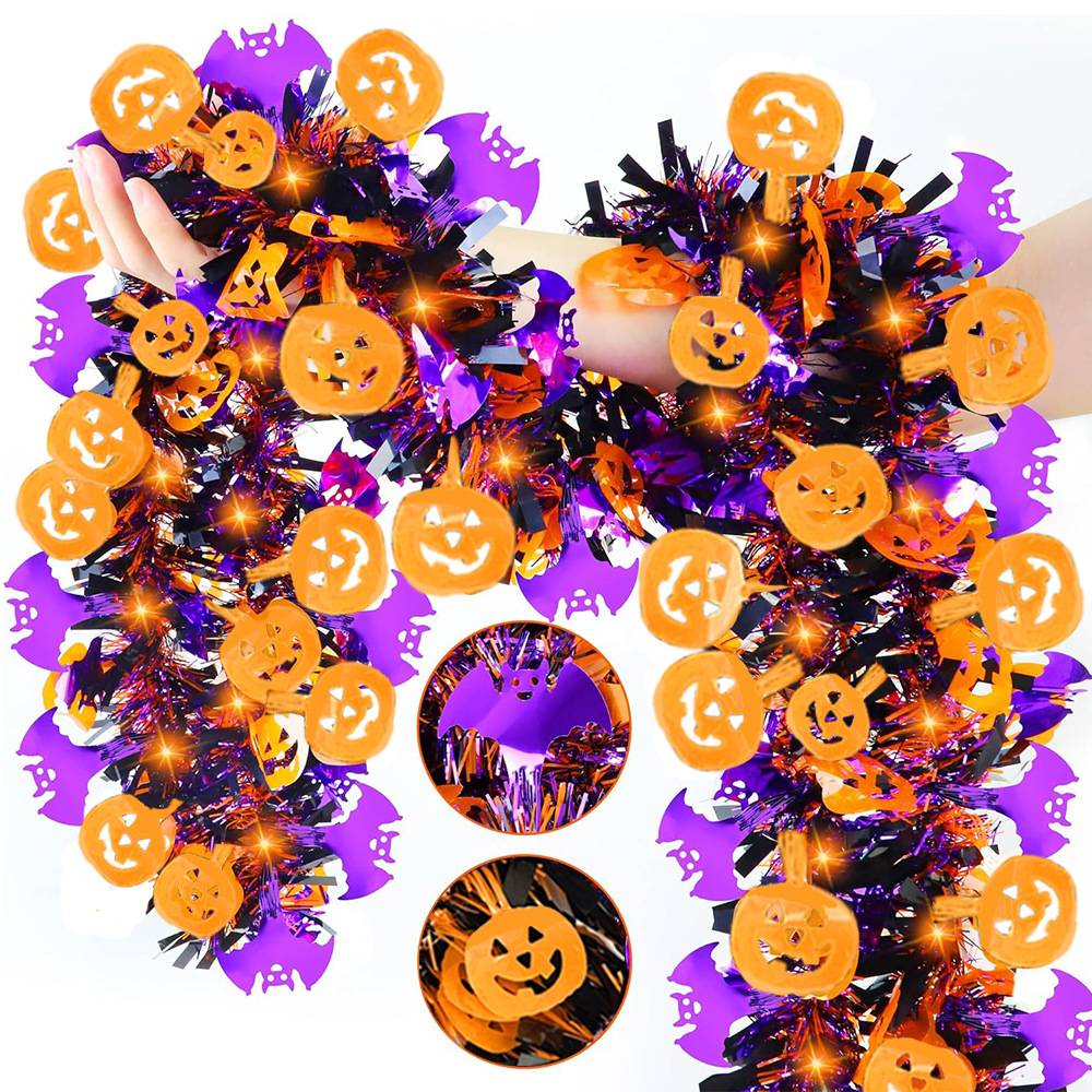 8 bandes décoratives colorées pour Halloween, chauves-souris + citrouilles, guirlande de guirlandes, adaptées au sapin de Noël, à la fête - Image 1
