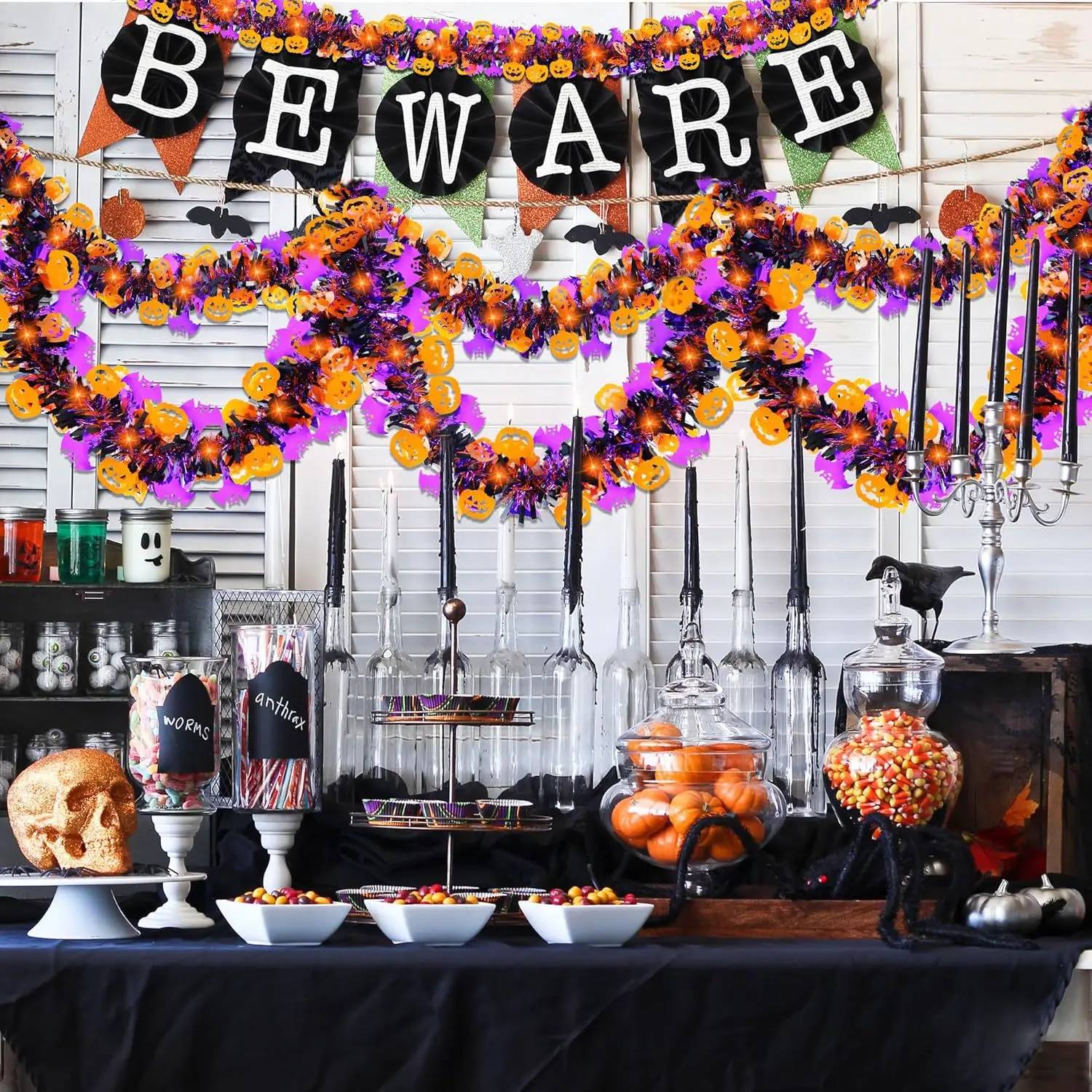 8 bandes décoratives colorées pour Halloween, chauves-souris + citrouilles, guirlande de guirlandes, adaptées au sapin de Noël, à la fête - Image 3