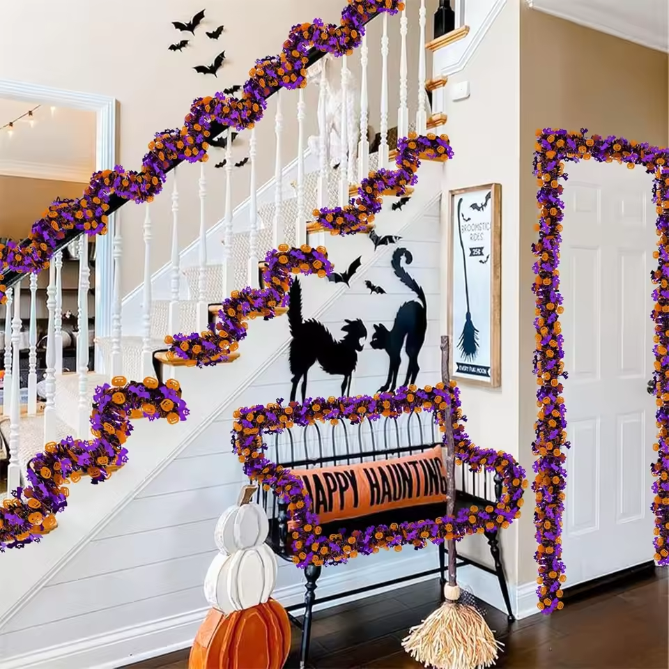 8 bandes décoratives colorées pour Halloween, chauves-souris + citrouilles, guirlande de guirlandes, adaptées au sapin de Noël, à la fête - Image 4