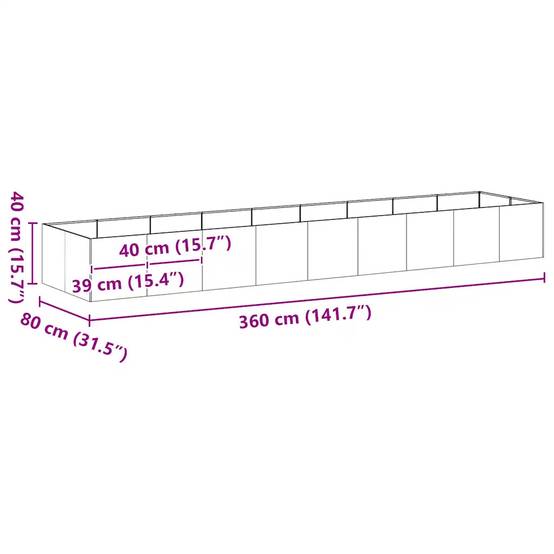 Jardinière rectangulaire décorative jardin terrasse 360 x 80 x 40 cm en acier galvanisé - Image 8