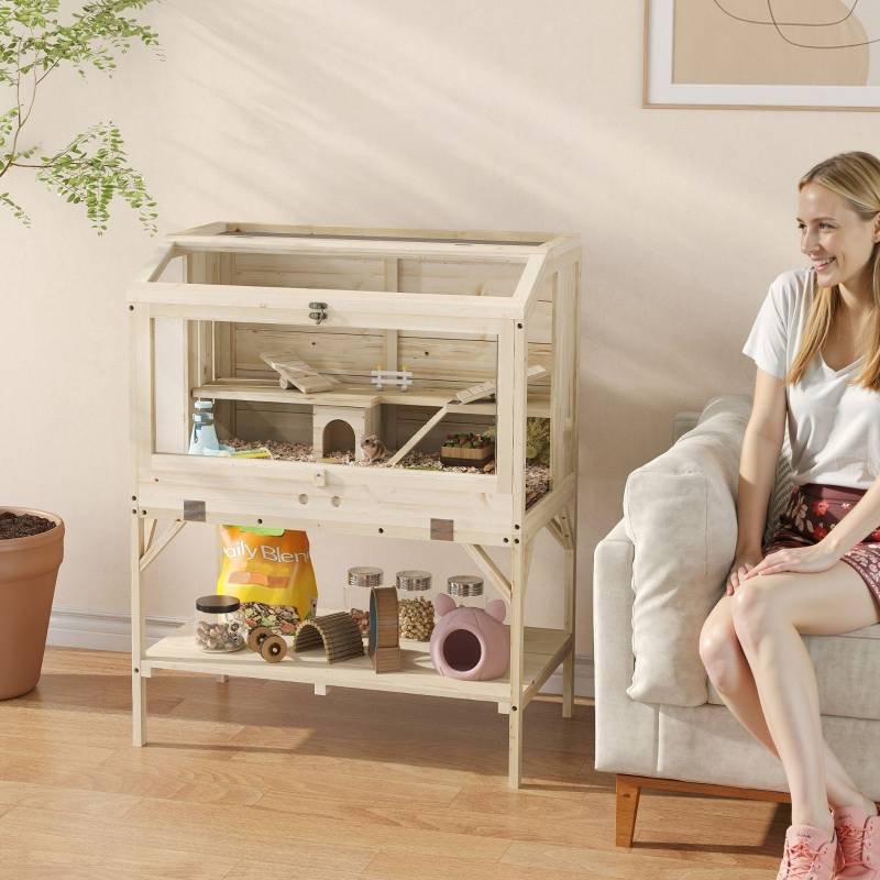Cage Hamster Bois Naturel Petits Rongeurs 2 Niveaux Rangement 84x53x110cm - ComfortXL Outdoor Living - Image 2