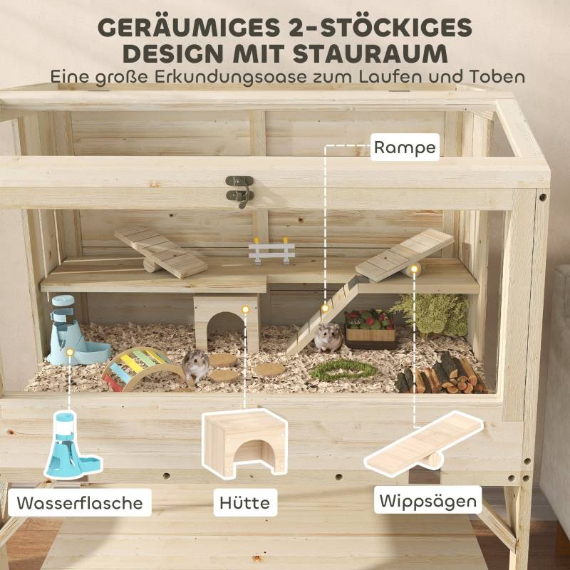 Cage Hamster Bois Naturel Petits Rongeurs 2 Niveaux Rangement 84x53x110cm - ComfortXL Outdoor Living - Image 4