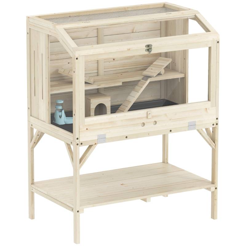 Cage Hamster Bois Naturel Petits Rongeurs 2 Niveaux Rangement 84x53x110cm - ComfortXL Outdoor Living - Image 1