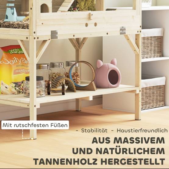 Cage Hamster Bois Naturel Petits Rongeurs 2 Niveaux Rangement 84x53x110cm - ComfortXL Outdoor Living - Image 7