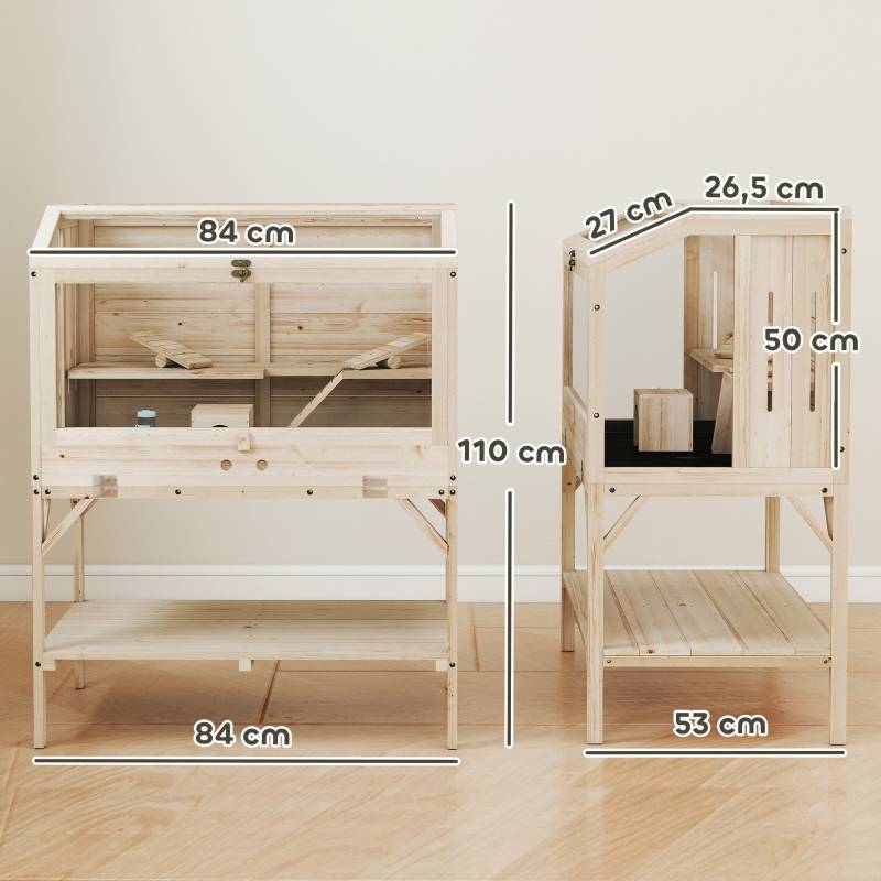 Cage Hamster Bois Naturel Petits Rongeurs 2 Niveaux Rangement 84x53x110cm - ComfortXL Outdoor Living - Image 3