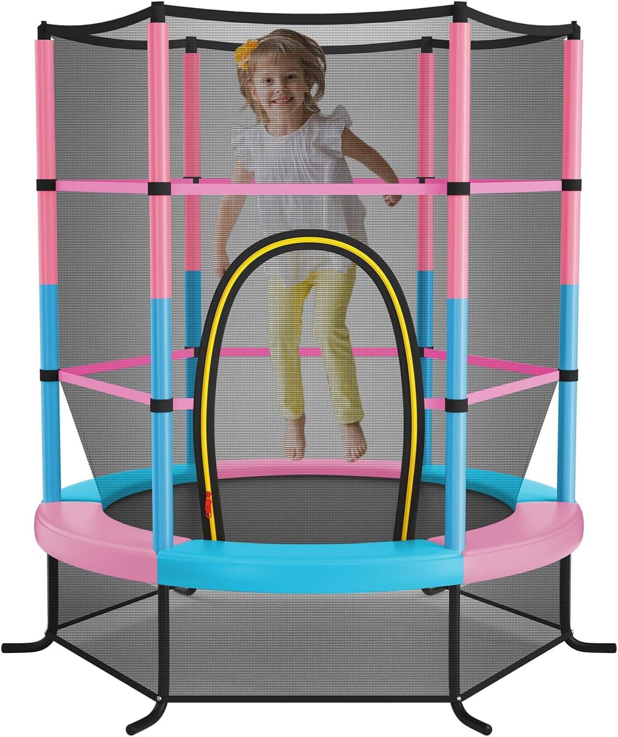 Costway - Trampoline Extérieur Enfants Ø165 CM avec Filet de Sécurité, Trampoline Enfants avec Cadre en Acier & 6 Poteaux Recouvert de Mousse (Macaron) - Image 1