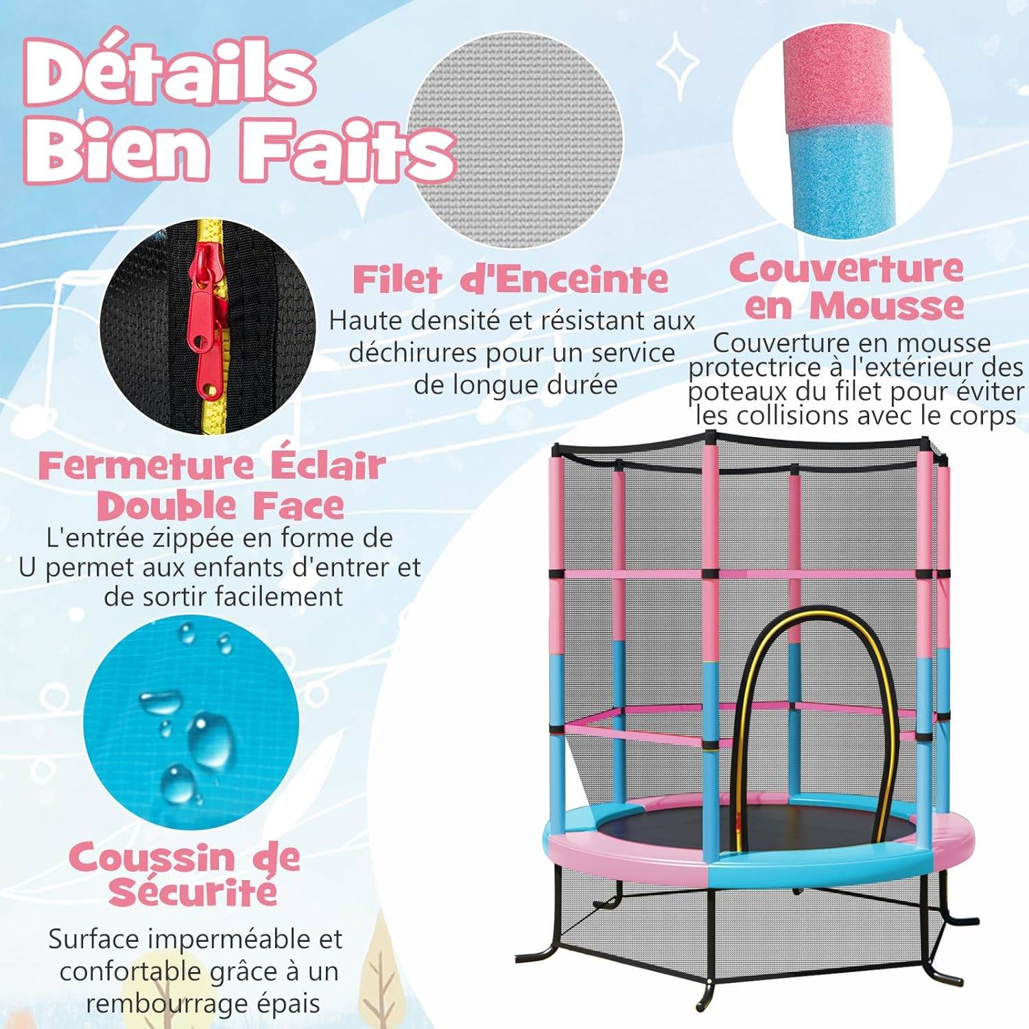 Costway - Trampoline Extérieur Enfants Ø165 CM avec Filet de Sécurité, Trampoline Enfants avec Cadre en Acier & 6 Poteaux Recouvert de Mousse (Macaron) - Image 5