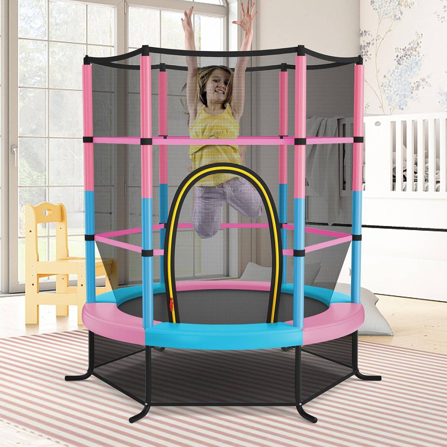 Costway - Trampoline Extérieur Enfants Ø165 CM avec Filet de Sécurité, Trampoline Enfants avec Cadre en Acier & 6 Poteaux Recouvert de Mousse (Macaron) - Image 2