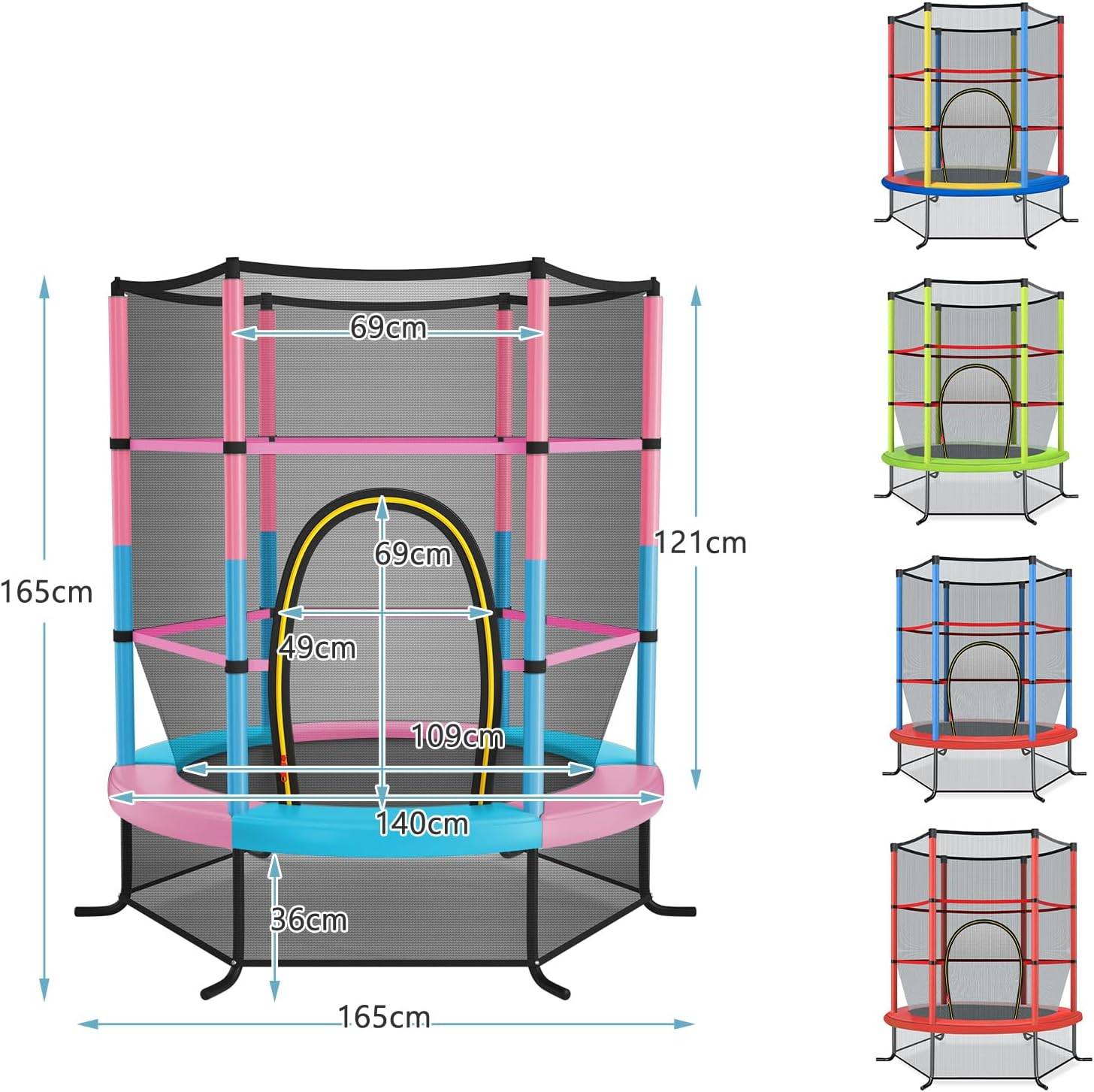Costway - Trampoline Extérieur Enfants Ø165 CM avec Filet de Sécurité, Trampoline Enfants avec Cadre en Acier & 6 Poteaux Recouvert de Mousse (Macaron) - Image 3